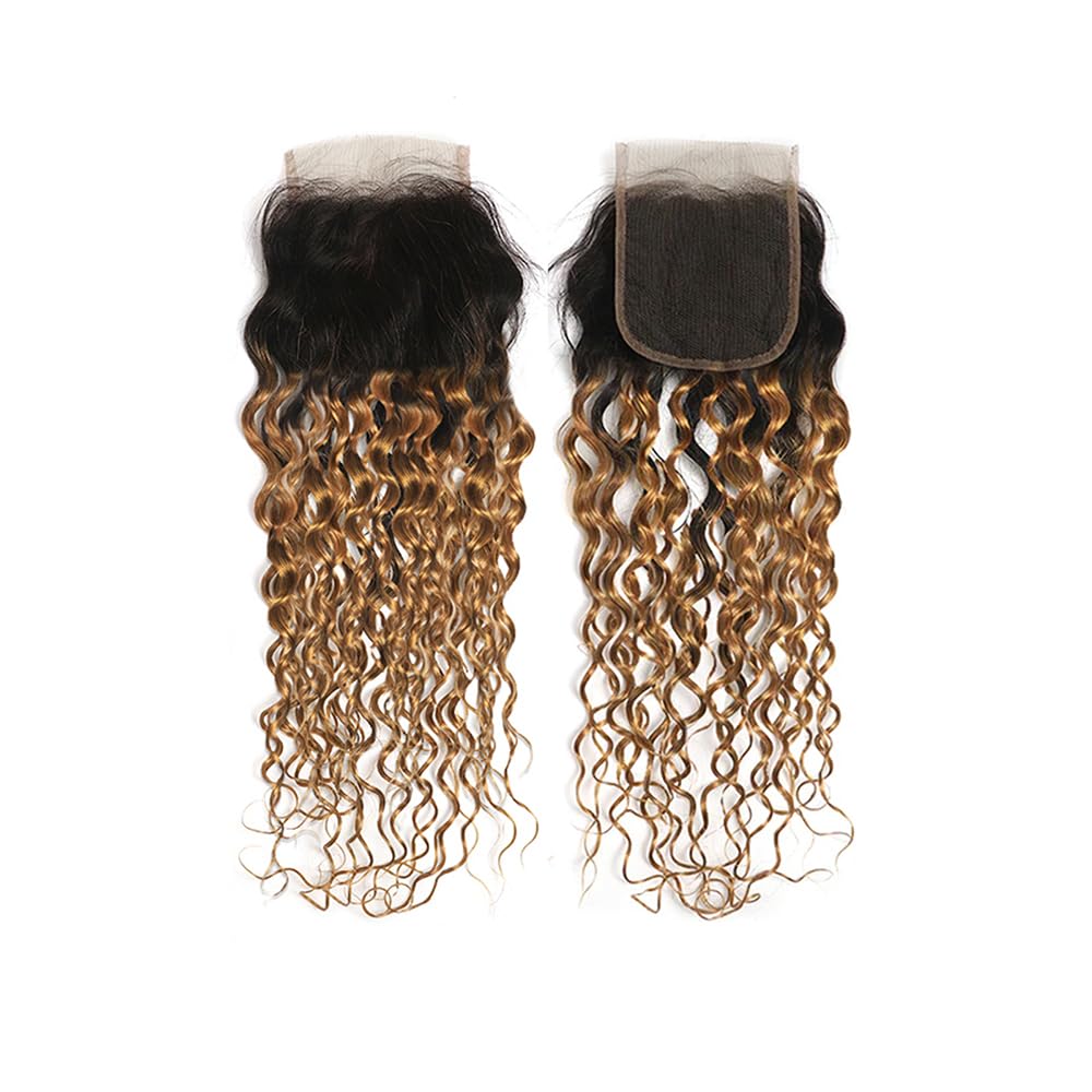 X-TRESS 14 Inch 4x4 Lace Closure Ombre Wet & Wavy Brazilian Curly Remy Human Hair Bundles with Dark Roots & Blonde Tips - Perfect for Protective Styles, Weaves & Natural-Looking Hair Extensions