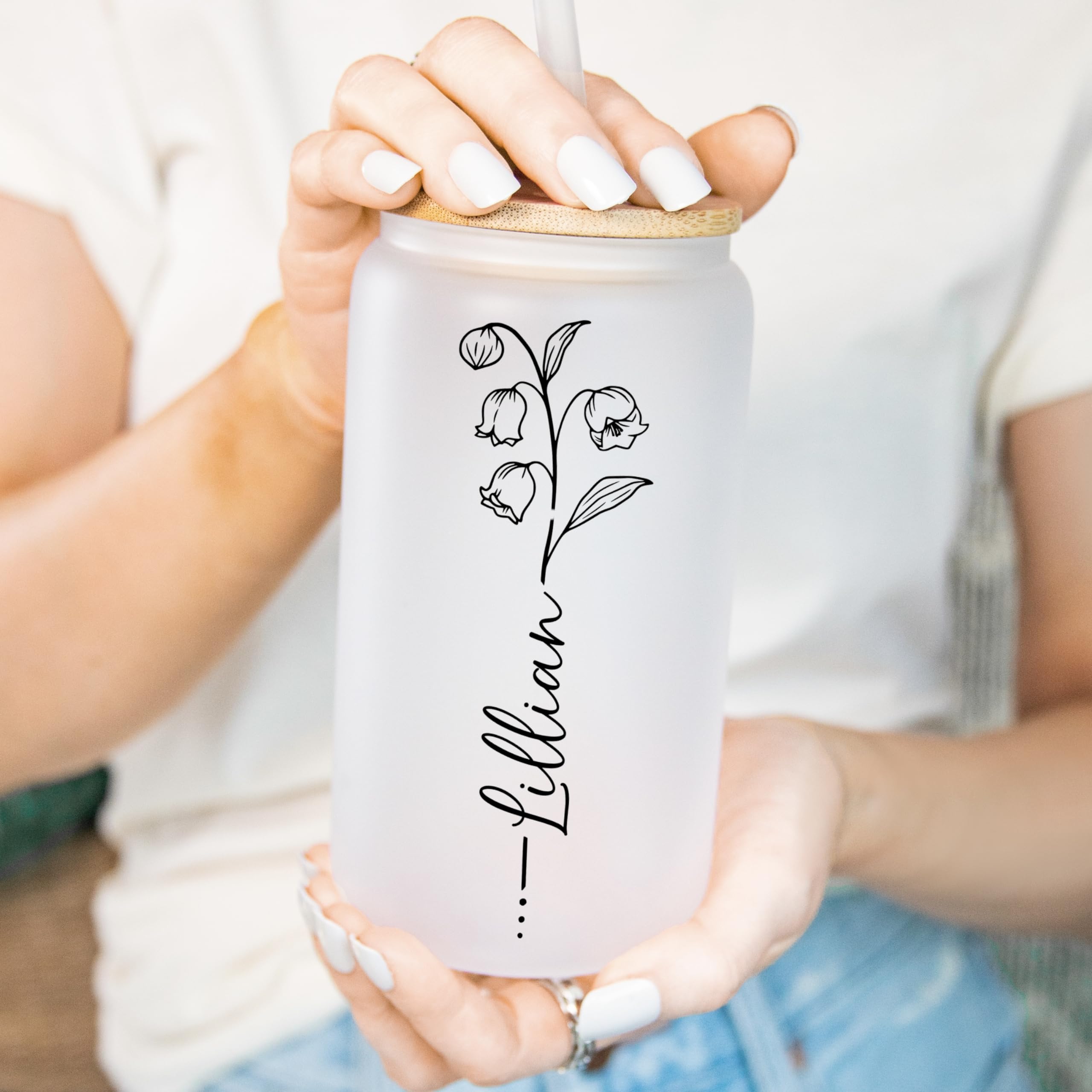 Custom Birth Month Flower Glass Tumbler with Name - Personalized Travel Cup with Lid & Straw - Unique Bridesmaid Proposal Gift - Birthday Present for Women, Mom - Perfect for Coffee, Tea & On-the-Go Hydration