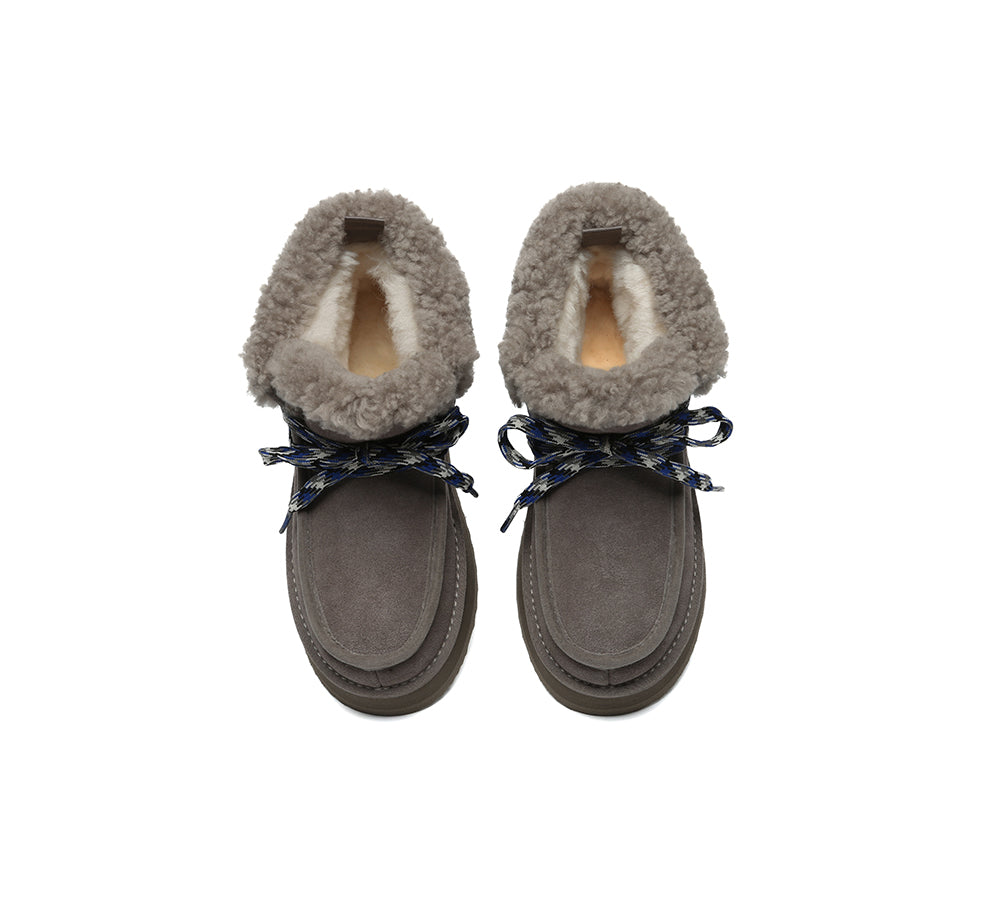 UGG EVERAU® Women's Sheepskin Wool Lace-Up Ankle Boots with Platform - Cozy Winter Fashion for Casual Outings & Outdoor Activities