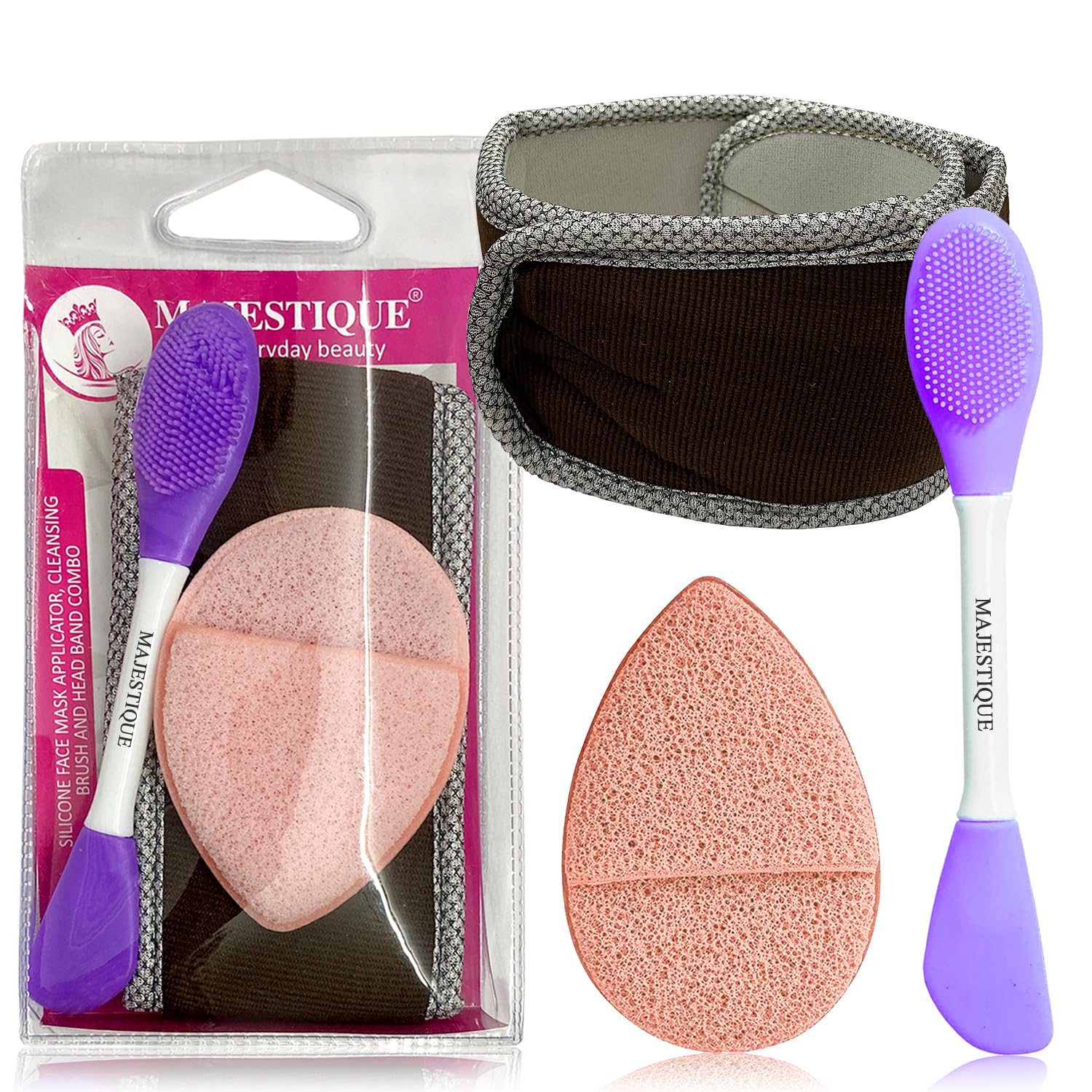 Majestique 3-Piece Facial Tool Set - Dual Sided Silicone Face Brush, Makeup Remover Sponge & Skincare Headband for Women | Perfect for Spa Day, At-Home Skincare Routine & Makeup Application | Multicolor Beauty Accessories