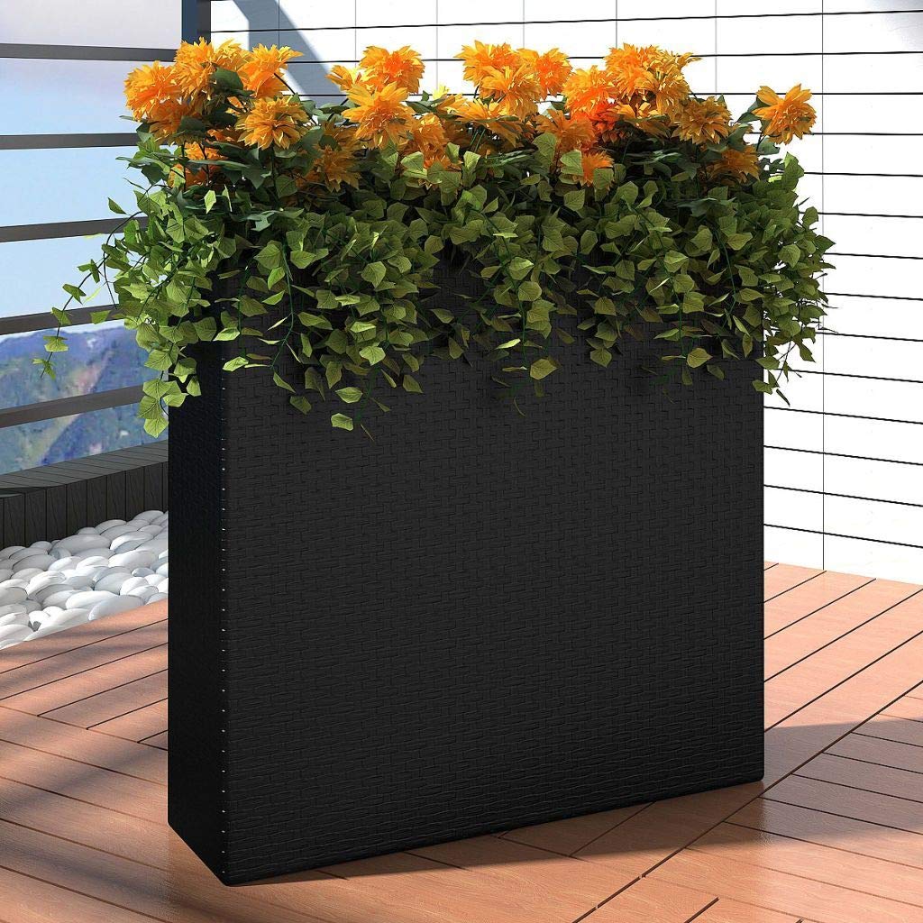 Unfade Memory 4 Zinc Outdoor Plant Pots - Rectangle Rattan Planter Set for Garden, Patio & Balcony (Black) | Durable Weather-Resistant Flower Box for Herbs, Succulents & Flowers