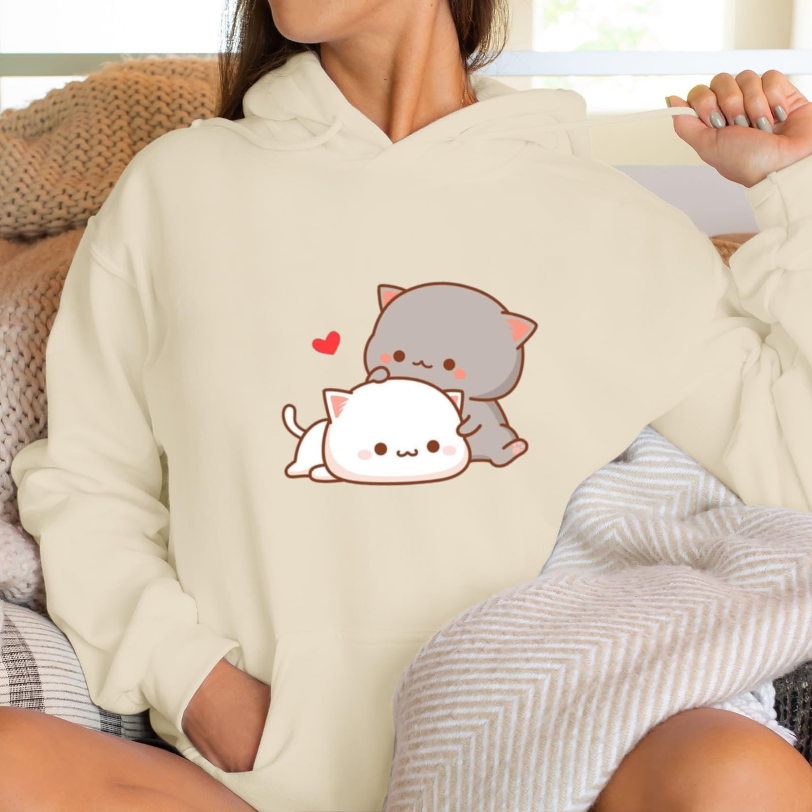 Cute Cat Graphic Hoodie for Women - Kawaii Anime Cartoon Lightweight Pullover Sweatshirt with Hood | Perfect for Casual Wear, Street Fashion & Gifts