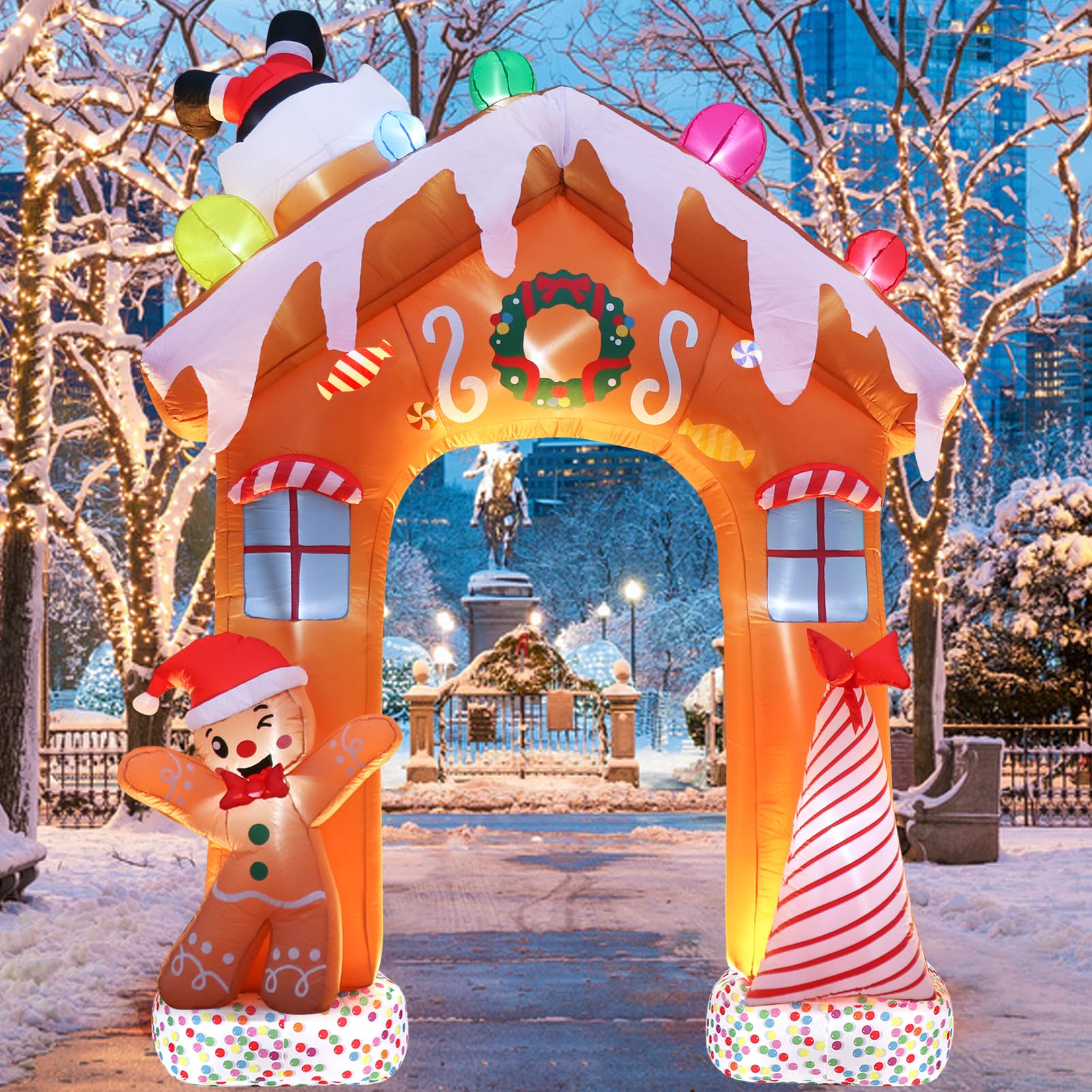10 Ft Christmas Inflatable Archway Decor with LED Lights - Gingerbread Man, Candy & Santa Claus Design for Indoor/Outdoor Yard Decorations | Perfect for Holiday Parties, Front Yard Displays & Festive Home Decor