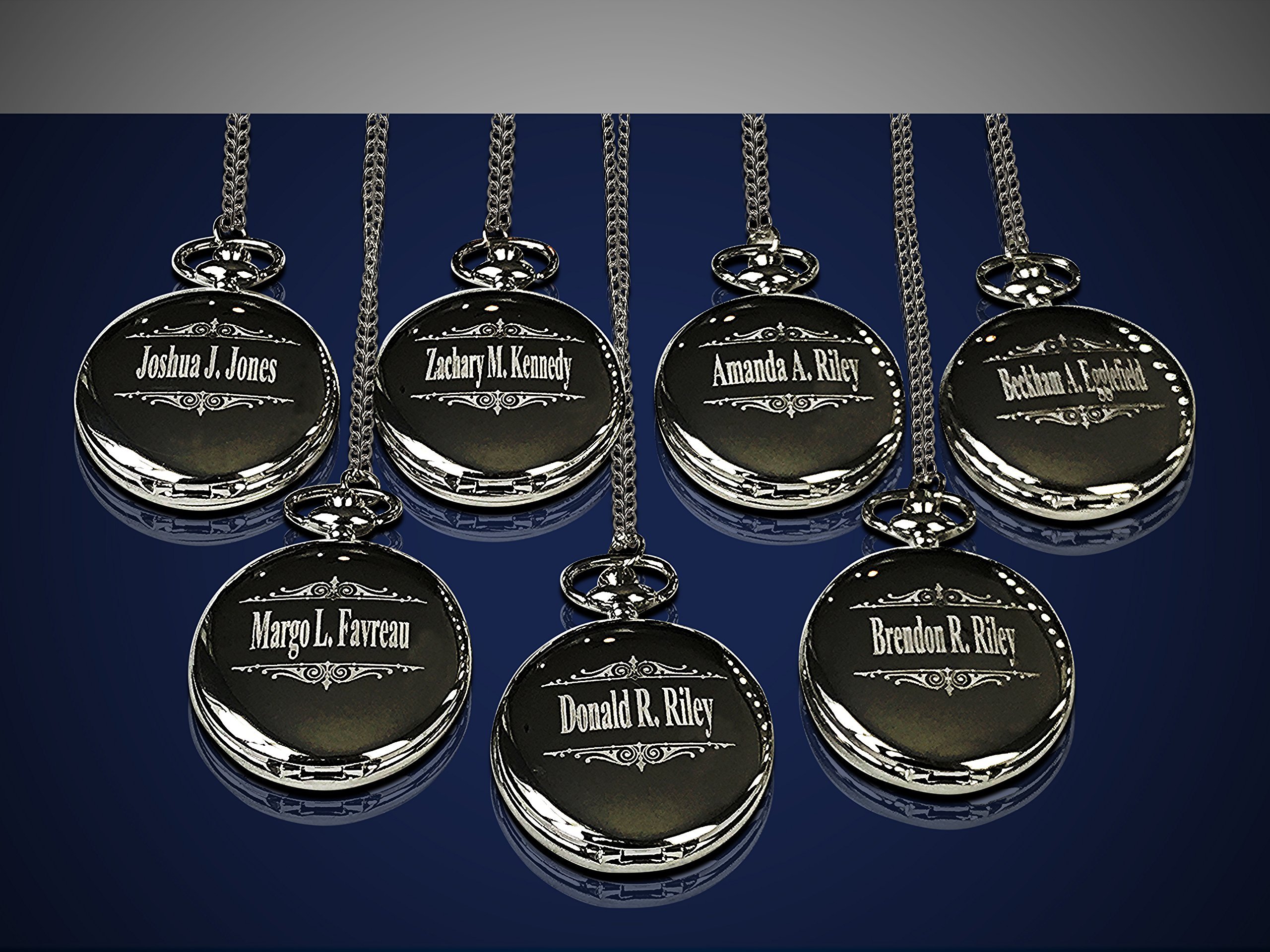 7 Silver Engraved Pocket Watches Set with Gift Boxes & Chains - Perfect for Gifts, Collectibles, and Vintage Style Accessories