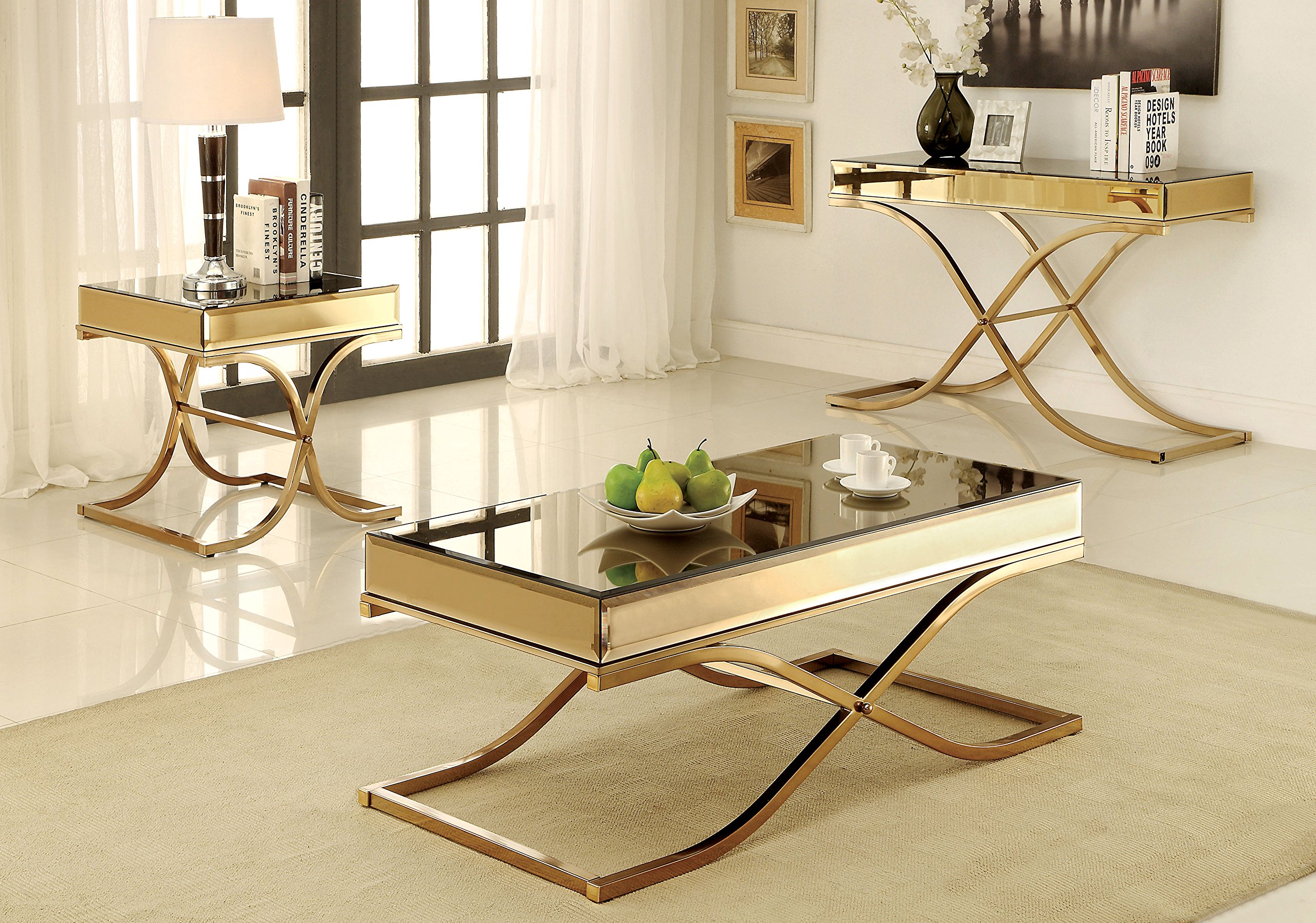 Furniture of America Dorelle Contemporary Glass Top Coffee Table with Brass Frame - Modern Living Room Centerpiece for Home Decor & Entertaining