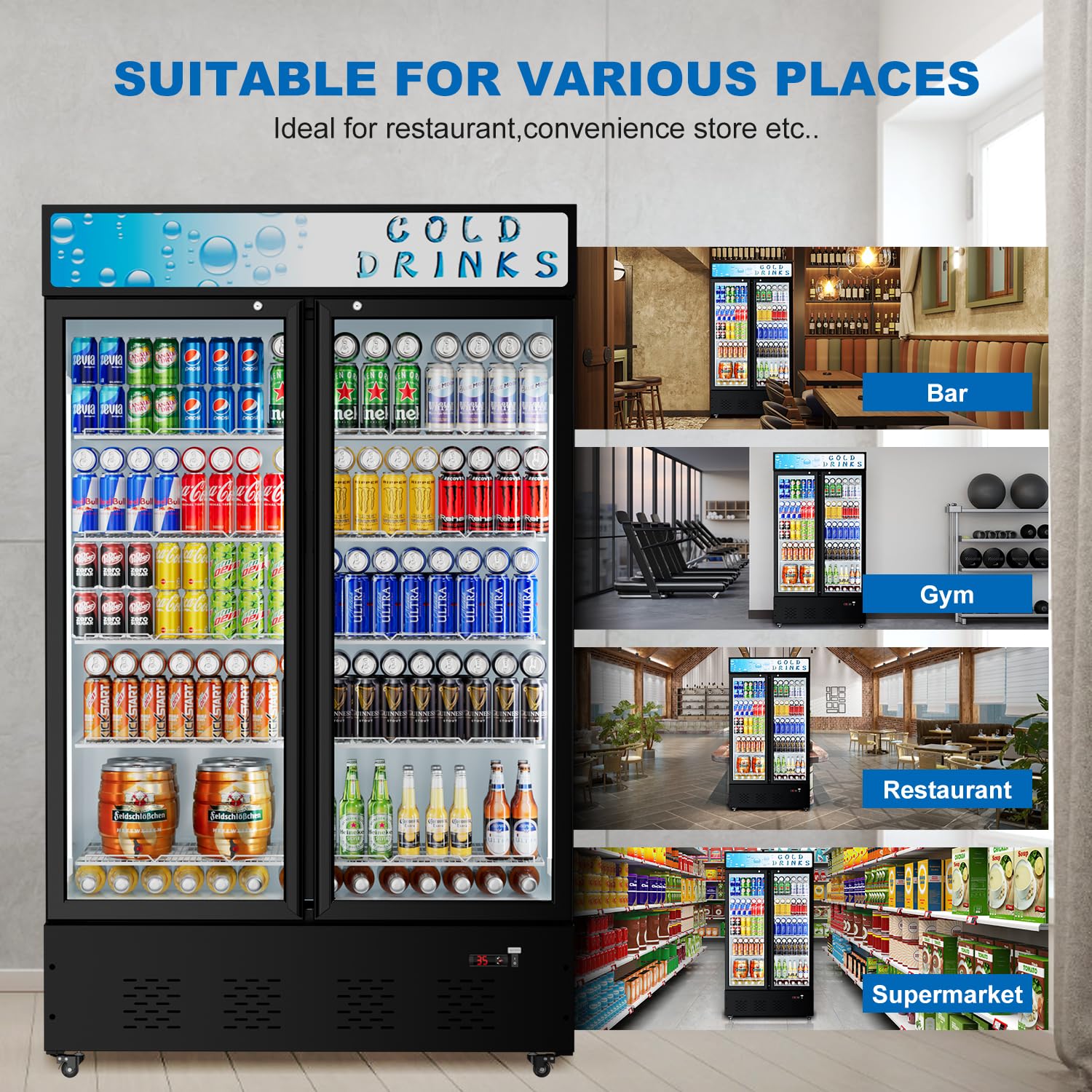 40 Cu.ft. Commercial Beverage Refrigerator with Glass Door, LED Lighting & Adjustable Shelves - Upright Display Cooler for Restaurants, Grocery Stores, Bars, and Home Use - Perfect for Storing Drinks, Snacks, and Perishable Items