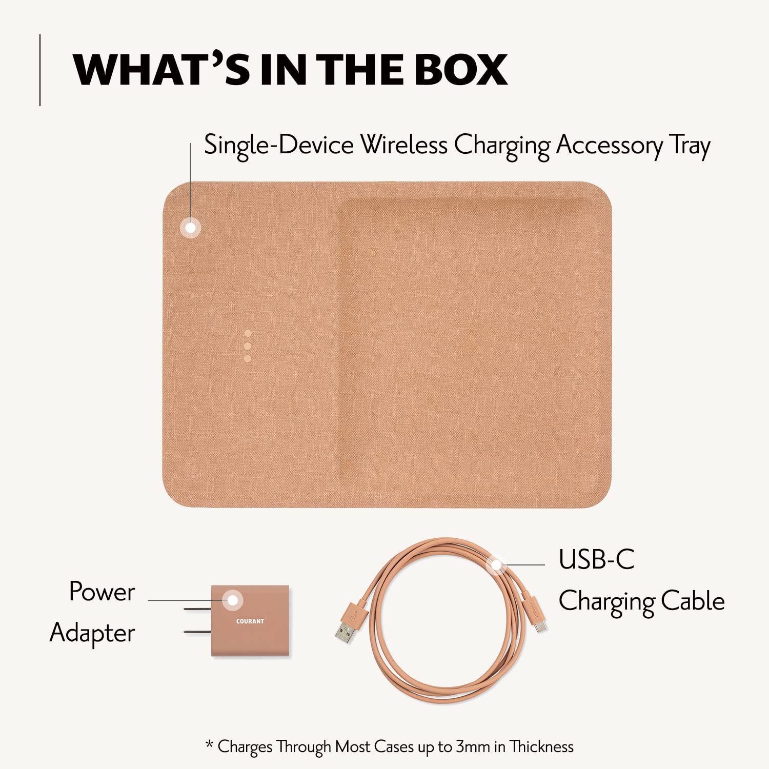 Courant Catch:3 Belgian Linen Wireless Charging Station & Valet Tray (Camel) - Fast Qi-Certified Charger for iPhone 16/15/14/13/12/11/X/SE, Galaxy S24/S23/S22/S21/S20/Note, AirPods Pro - Perfect for Nightstand, Office Desk, and Gift Giving