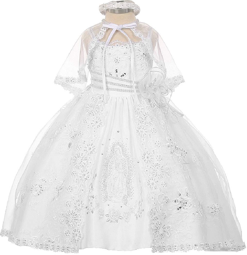 BluNight Collection Spaghetti Strap Virgin Mary Embroidered Baptism Dress for Baby Girls - Perfect for Christening, First Communion & Special Occasions