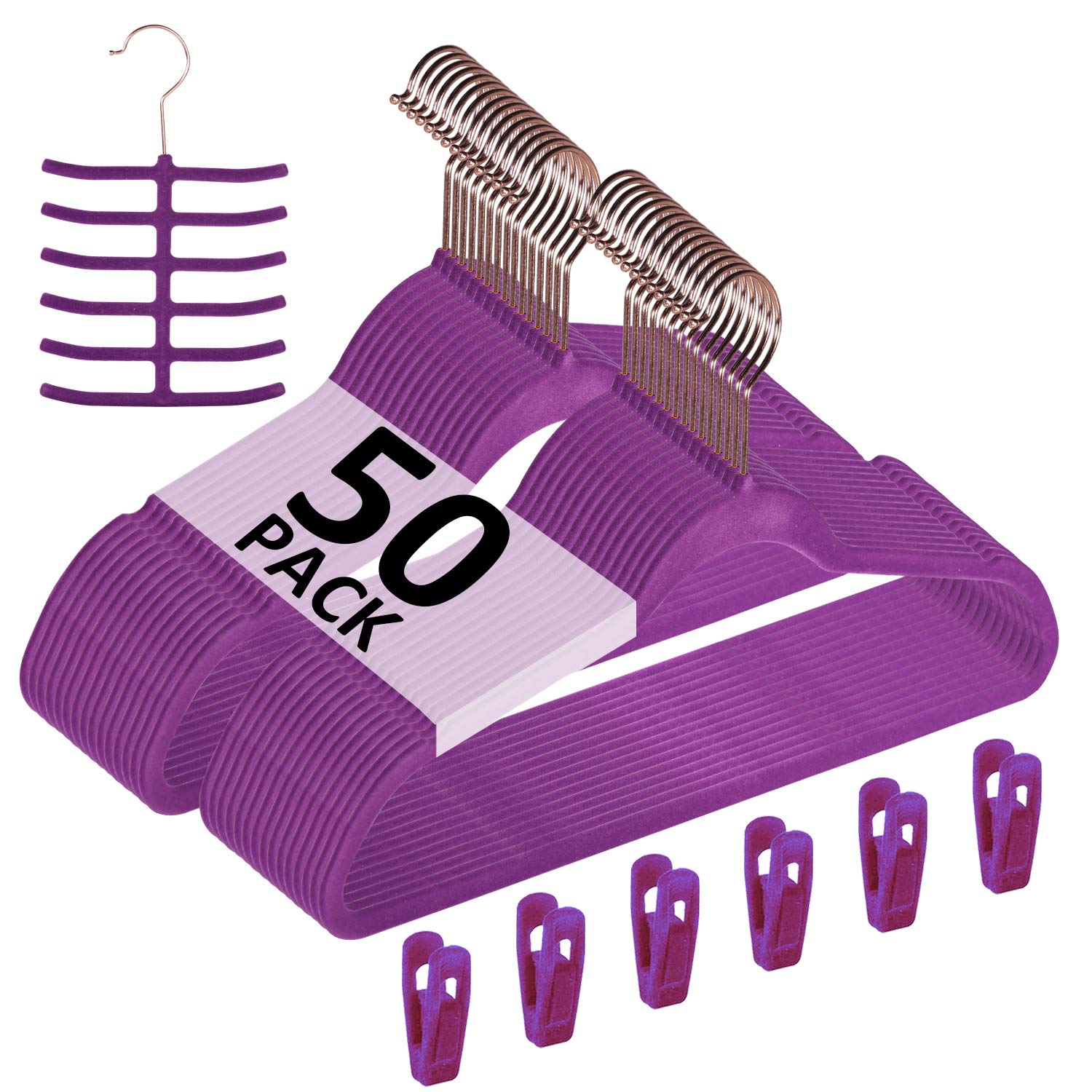 Premium Velvet Suit Hangers (50 Pack) - Heavy Duty Non-Slip Clothes Hangers with 6 Finger Clips & Tie Rack - Space Saving for Men & Women Wardrobe - Perfect for Closet Organization, Dry Cleaning & Travel (Purple)