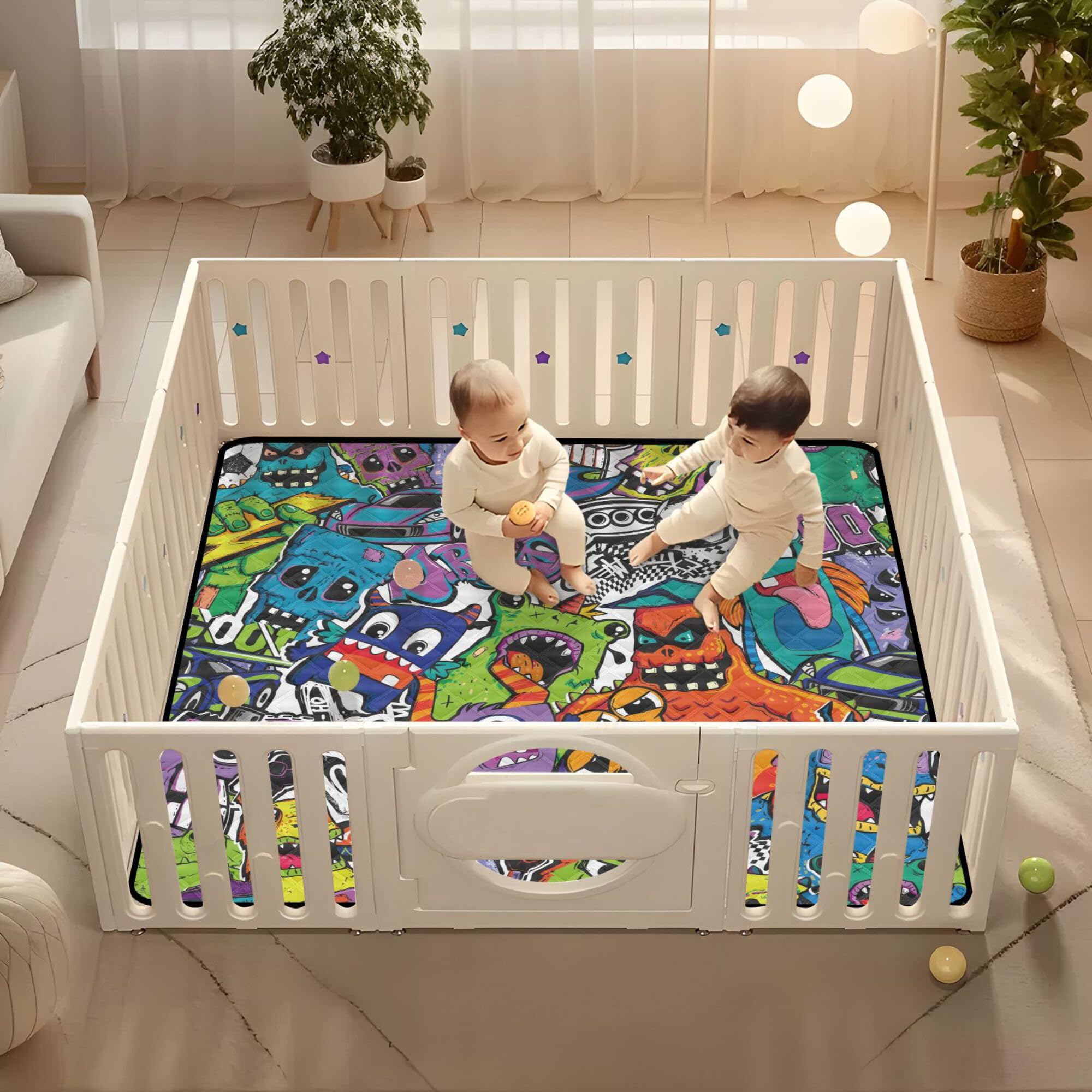 Large 50'' x 50'' Waterproof Baby Play Mat with Funny Monster Design - Non-Slip Crawling Mat for Infants & Toddlers - Indoor/Outdoor Use for Playtime, Tummy Time & Nursery Floor Protection