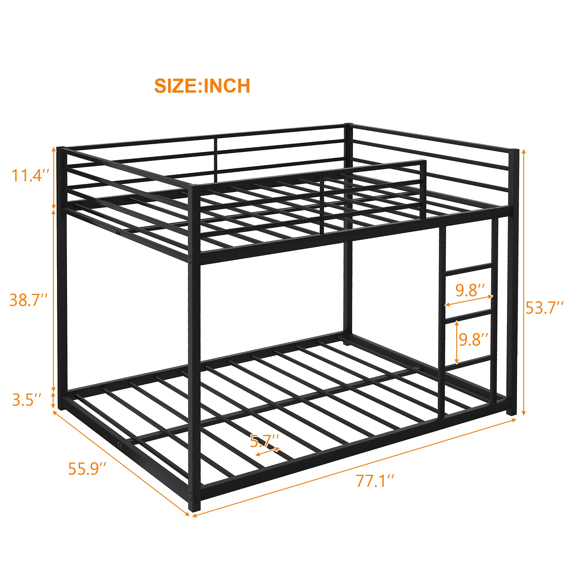 Full Over Full Low Profile Metal Bunk Bed Frame with Sturdy Ladder - No Box Spring Required - Space Saving Black Bunk Bed for Kids, Teens & Guest Rooms