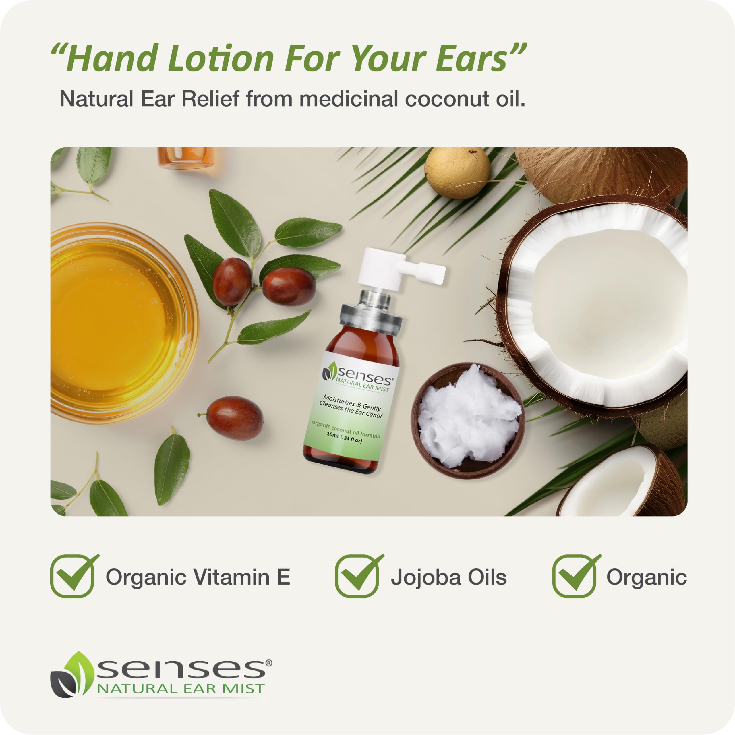 SENSES Organic Ear Wax Removal Spray - Doctor Formulated with Coconut Oil for Irritated Ears | Safe Wax Cleaner for Adults & Kids | Gentle Ear Cleansing & Moisturizing Solution | 0.34 Fl Oz Travel Size | Perfect for Travel, Daily Hygiene & Sensitive Ears