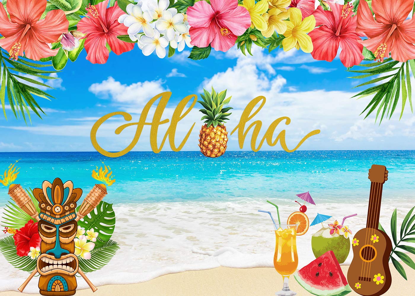 10x8ft Tropical Hawaiian Beach Backdrop - Summer Aloha Luau Party Decor for Birthday, Baby Shower & Photoshoot | Vibrant Beach Scene Photography Background for Kids, Boys & Girls | Perfect for Cake Table, Banner & Musical Party Decorations