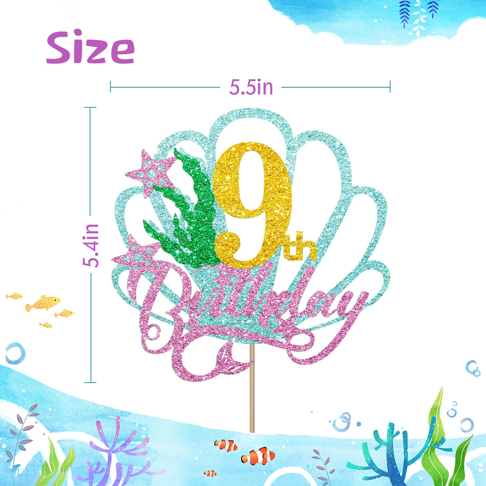 Mermaid 9th Birthday Cake Topper - Gold Glitter Happy 9th Birthday Cake Decor for Girls, Little Mermaid Party Decoration, Under the Sea Theme Party Supplies - Perfect for Birthday Cakes, Cupcakes, and Dessert Tables