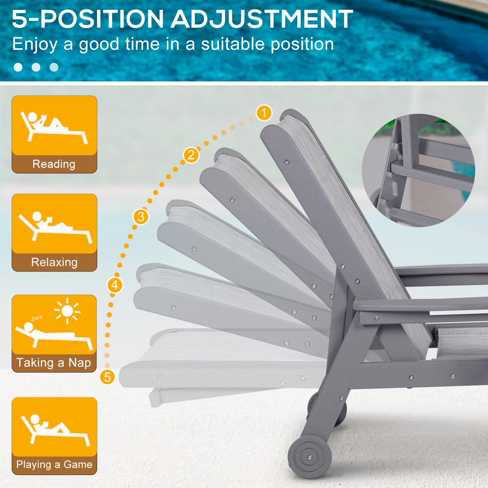5-Position Adjustable Outdoor Chaise Lounge Chair with Textilene Surface, Wheels & Cup Holder - HDPE Poolside, Beach & Patio Recliner for Relaxing (Grey, 1 Pack) - Perfect for Backyard, Swimming Pool & Seaside Lounging