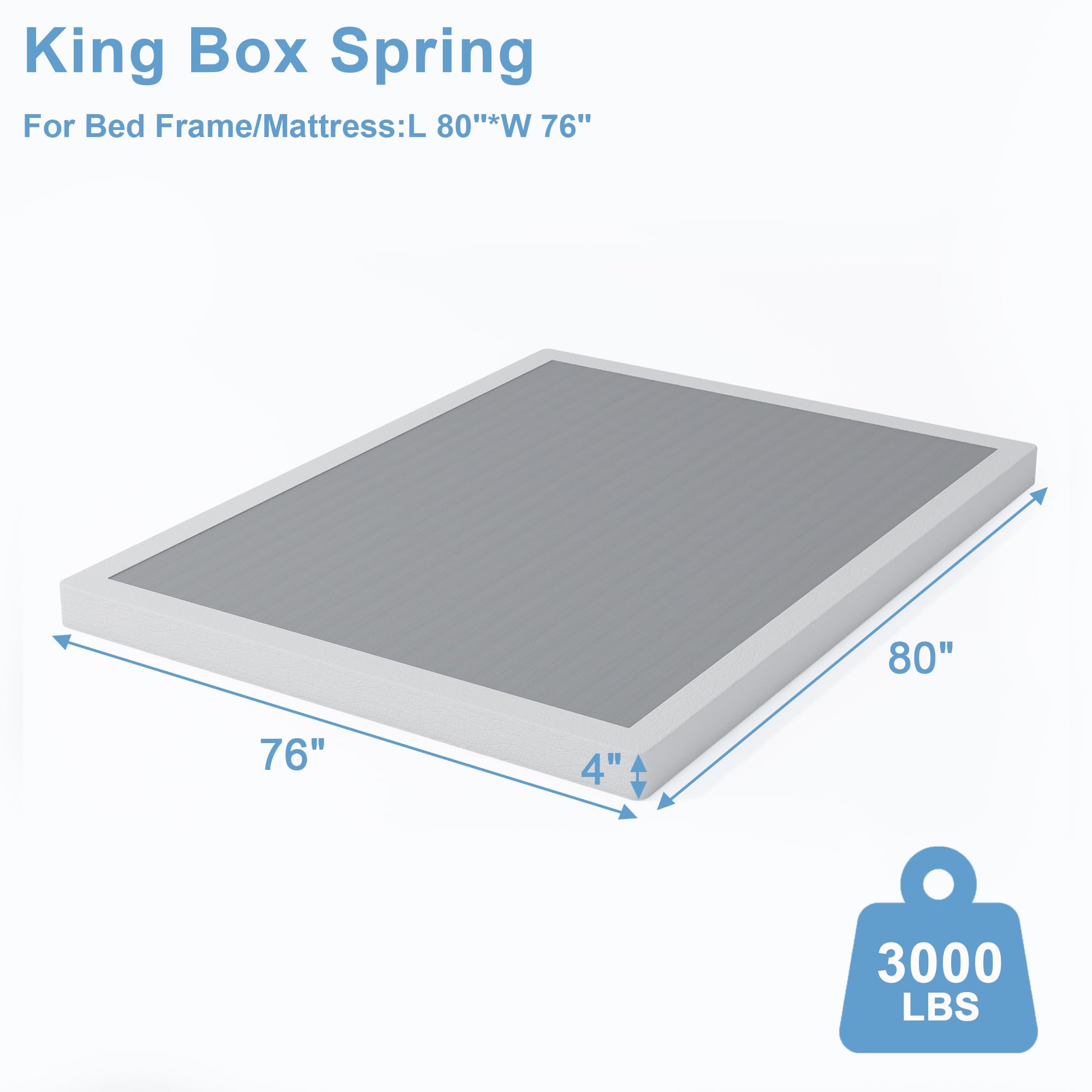 4 Inch High Profile Box Spring for King Bed - Sturdy Metal Frame Mattress Foundation with Easy Assembly | Quiet & Noise-Free Support for Enhanced Sleep Comfort | Perfect for Master Bedrooms, Guest Rooms & Dormitories