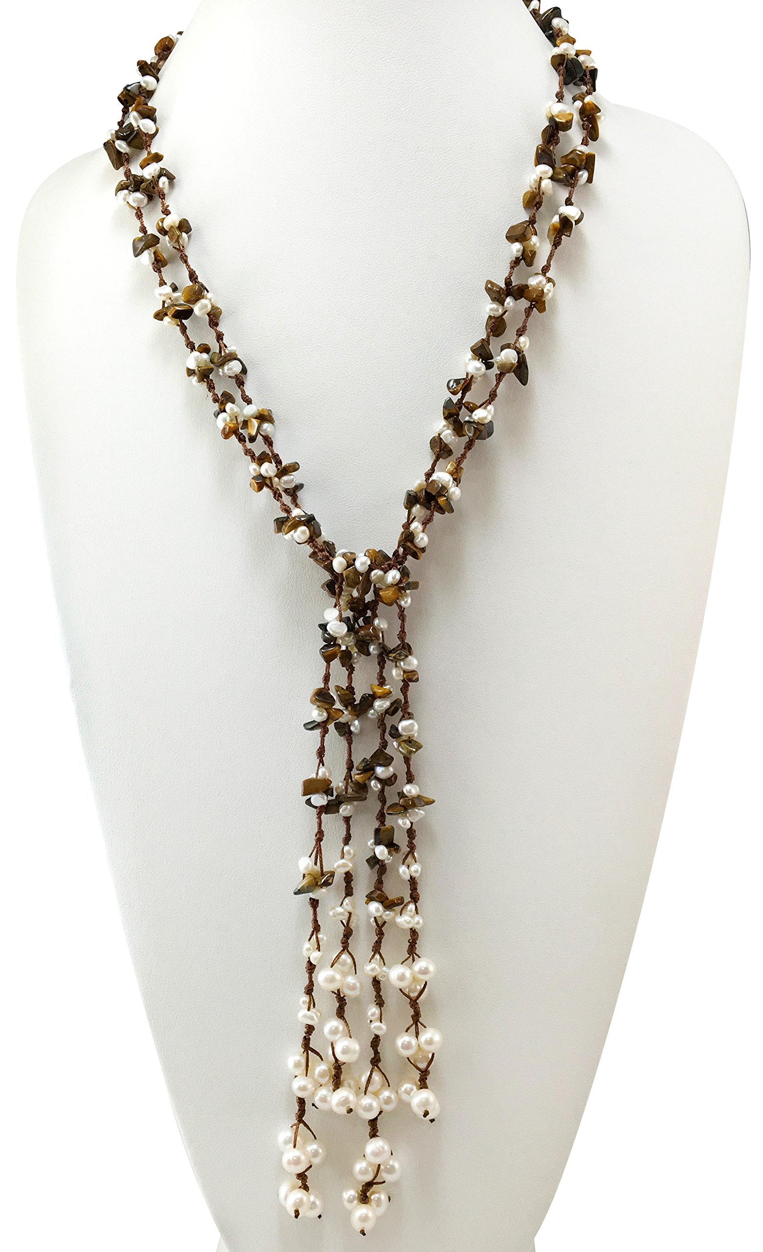 HinsonGayle 2-Strand Gemstone & Genuine Freshwater Pearl Lariat Necklace - 8 Color Options for Women | Elegant Layered Jewelry for Weddings, Parties & Special Occasions