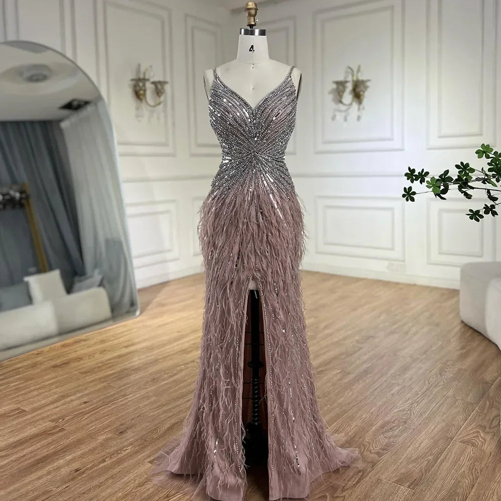 Elegant Arabic Black Feather Beaded Mermaid Evening Gown with High Slit - LA70623 | Formal Dress for Prom, Gala & Special Occasions