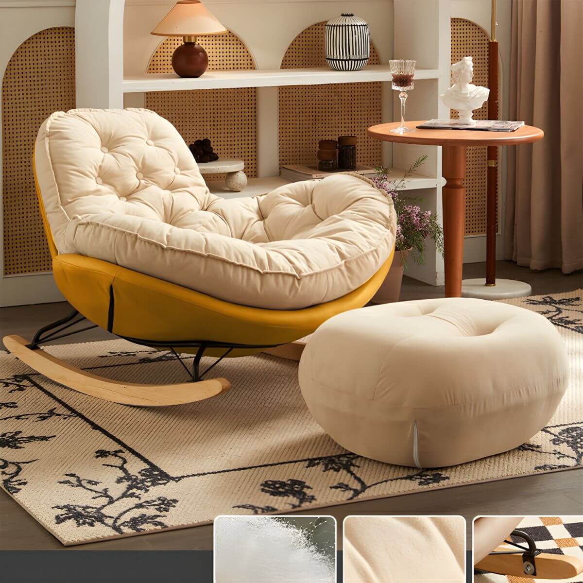 Modern Beige Upholstered Rocking Chair with Tufted Back and Solid Wood Legs - Comfortable Nursery Glider for Baby Room, Living Room or Bedroom - Perfect for Breastfeeding, Reading & Relaxing