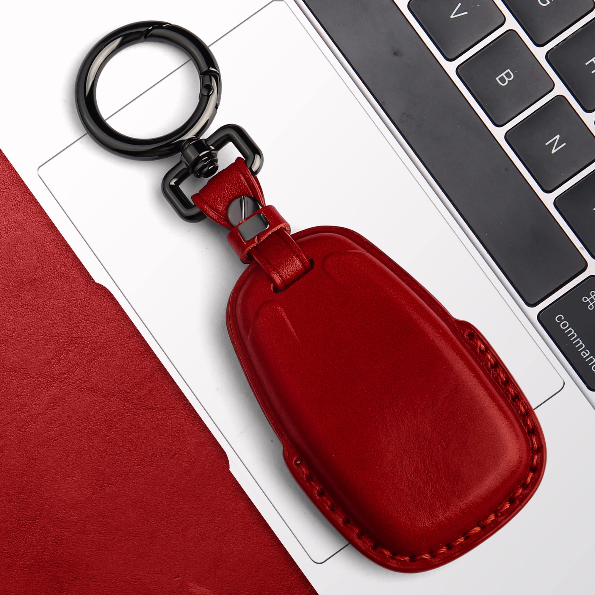 Tukellen Genuine Leather Key Fob Cover Compatible with Chevrolet Camaro Malibu Cruze Trax Traverse Sonic Volt Equinox Spark (2017-2021 Models) - Premium Protective Remote Key Case (Red) - Perfect for Car Enthusiasts & Daily Protection