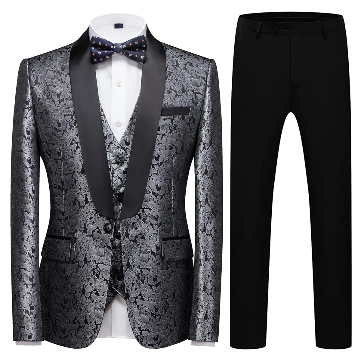Men's Slim Fit 3-Piece Tuxedo Suit Set with Shawl Lapel & Paisley Design - Formal Skinny Fit Wedding & Prom Suit for Groom, Best Man, and Special Occasions