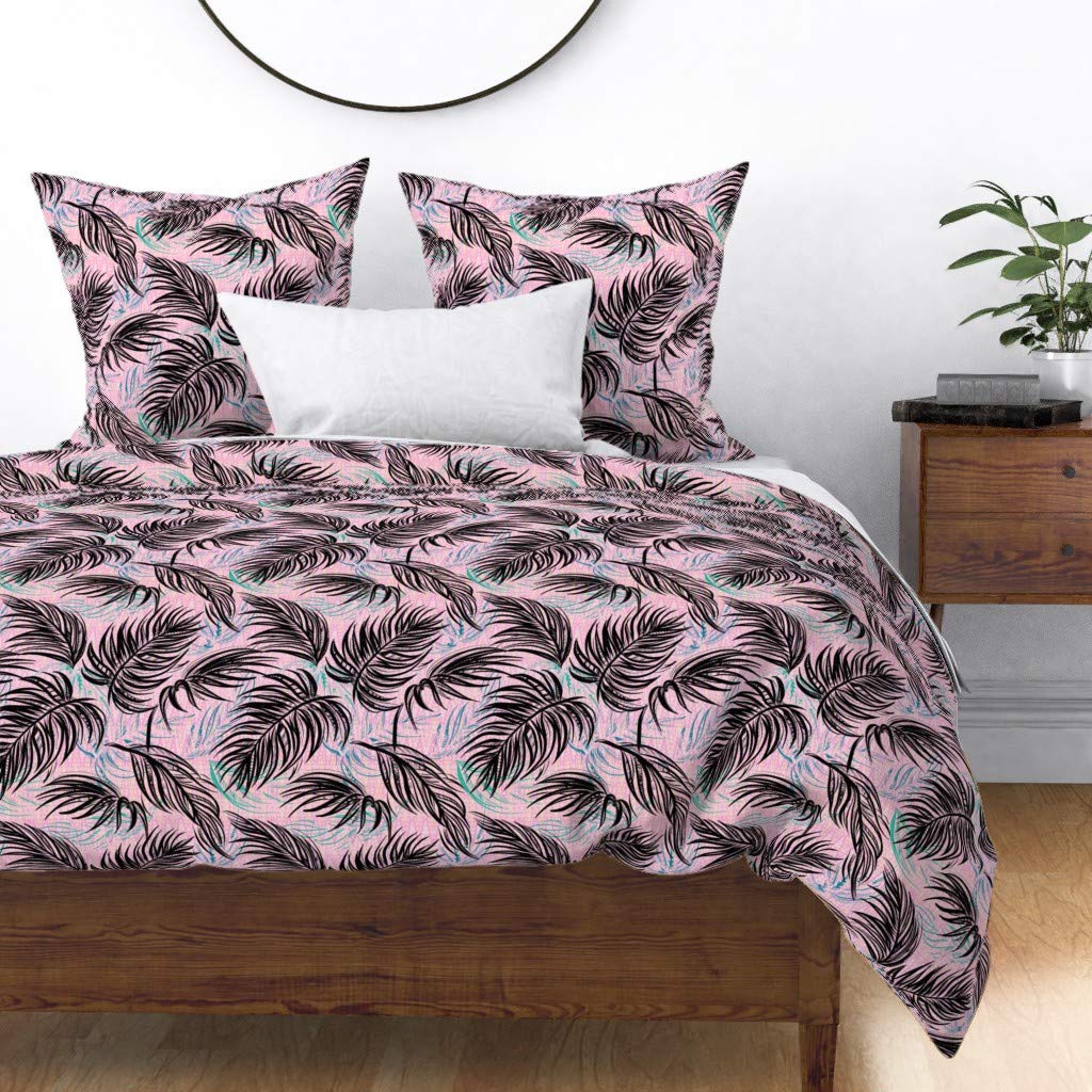 Premium Cotton Sateen Duvet Cover Full/Queen Size - Boho Tropical Palm Leaves Geometric Print in Vibrant Pink & Black | Jungle-Themed Custom Bedding for Bohemian & Tropical Bedroom Decor