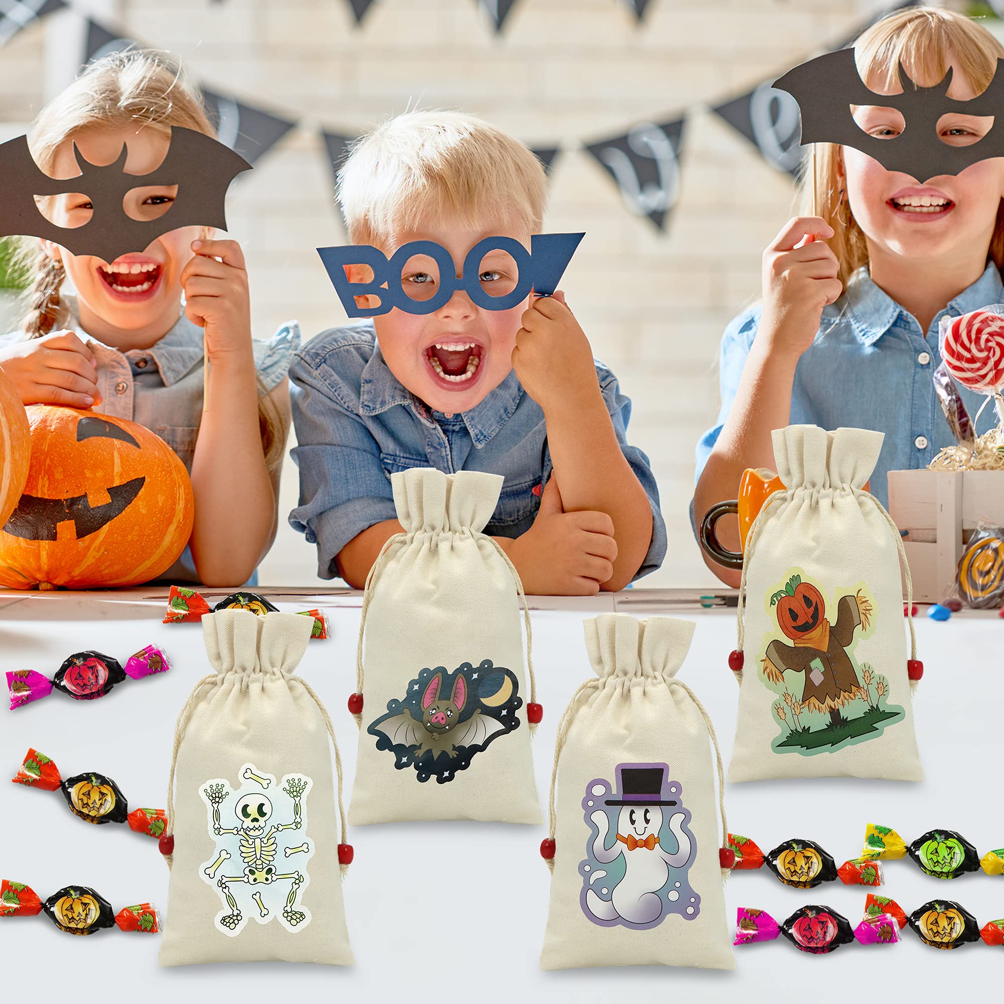 JOYIN 12 Pack Halloween Drawstring Canvas Bags, 8.5
