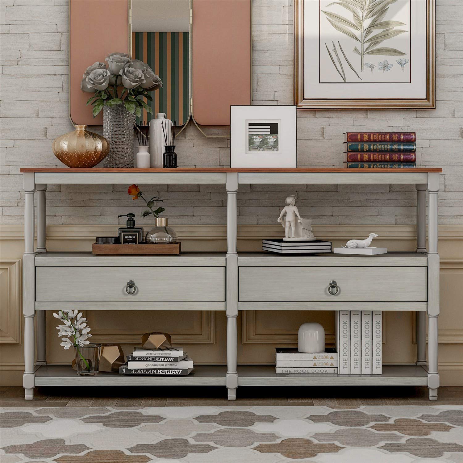 Antique Gray & Walnut Console Table with 3-Tier Open Shelf & 2 Drawers - Sofa Table for Living Room, Hallway, or Dining Room - Perfect for Entryway Storage, Home Decor, and Small Space Organization