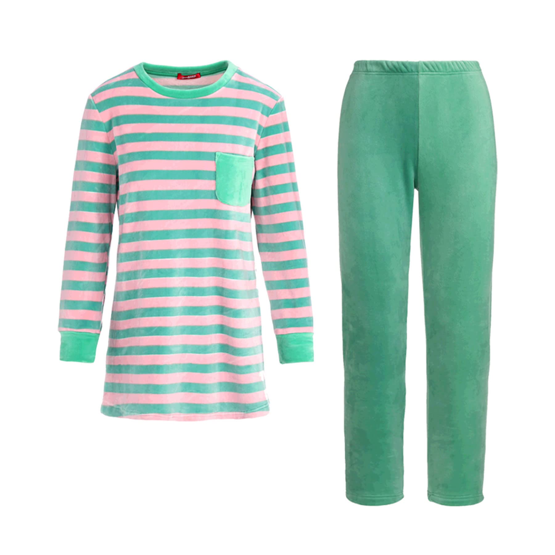 LZJDS Women's Soft Coral Fleece Striped Long Sleeve Pajama Set with Solid Color Pants - Cozy Winter Sleepwear for Home, Lounge & Vacation