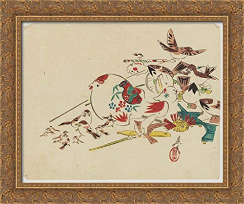 Shibata Zeshin 24x20 Inch Gold Ornate Wood Framed Canvas Art - Japanese Bird Painting Wall Decor for Living Room, Bedroom & Office