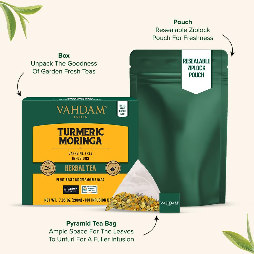 VAHDAM Turmeric Moringa Tea Bags - 100 Count | Caffeine Free Herbal Tea | Non-GMO, Gluten Free | 100% Pure Natural Ingredients | Sweet Earthy Flavor | Resealable Ziplock Pouch | Perfect for Relaxation, Detox & Wellness
