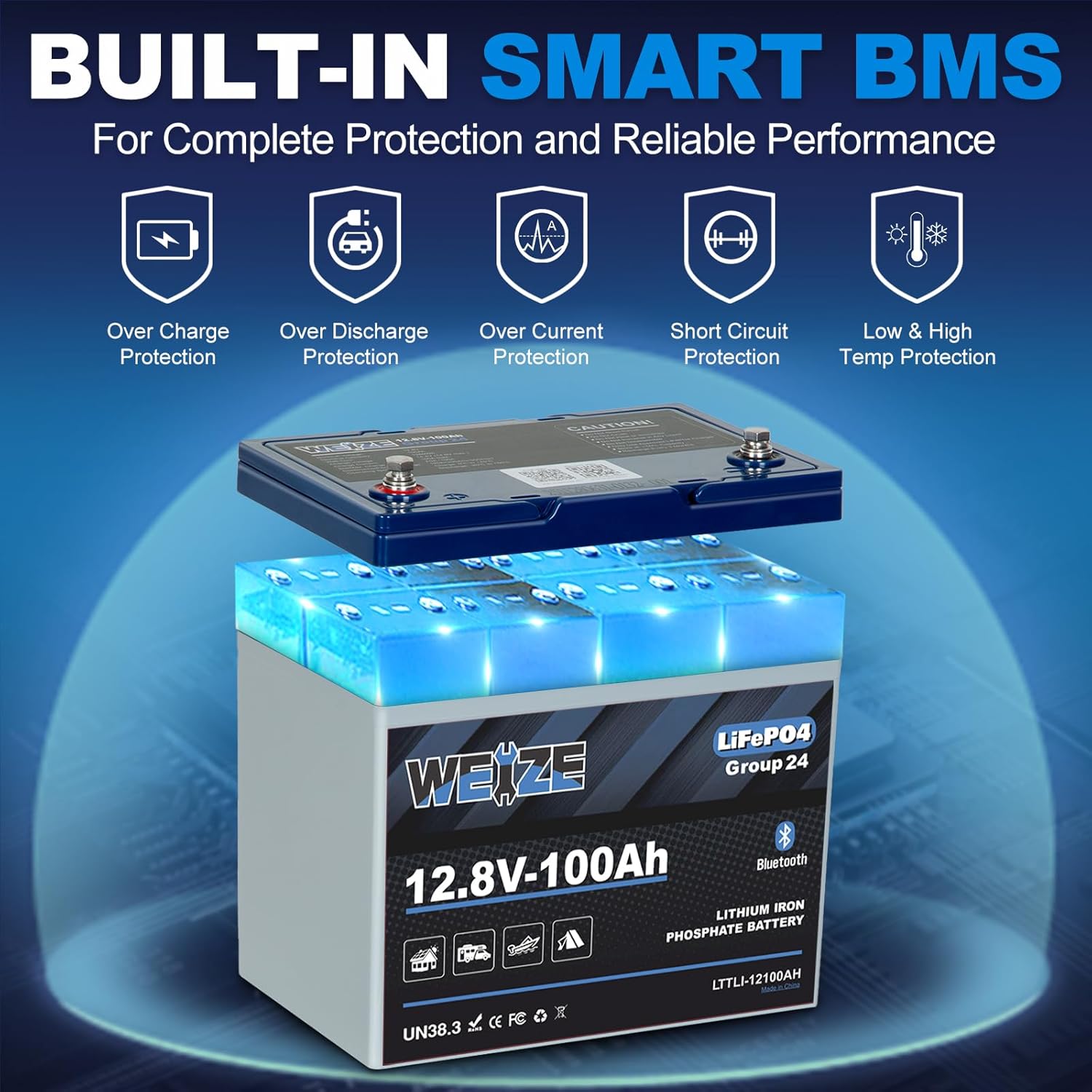 WEIZE 12V 100Ah Bluetooth LiFePO4 Lithium Deep Cycle Battery - Group 24 Size for RVs, Solar Systems & Marine Use - Built-in Bluetooth for Battery Monitoring