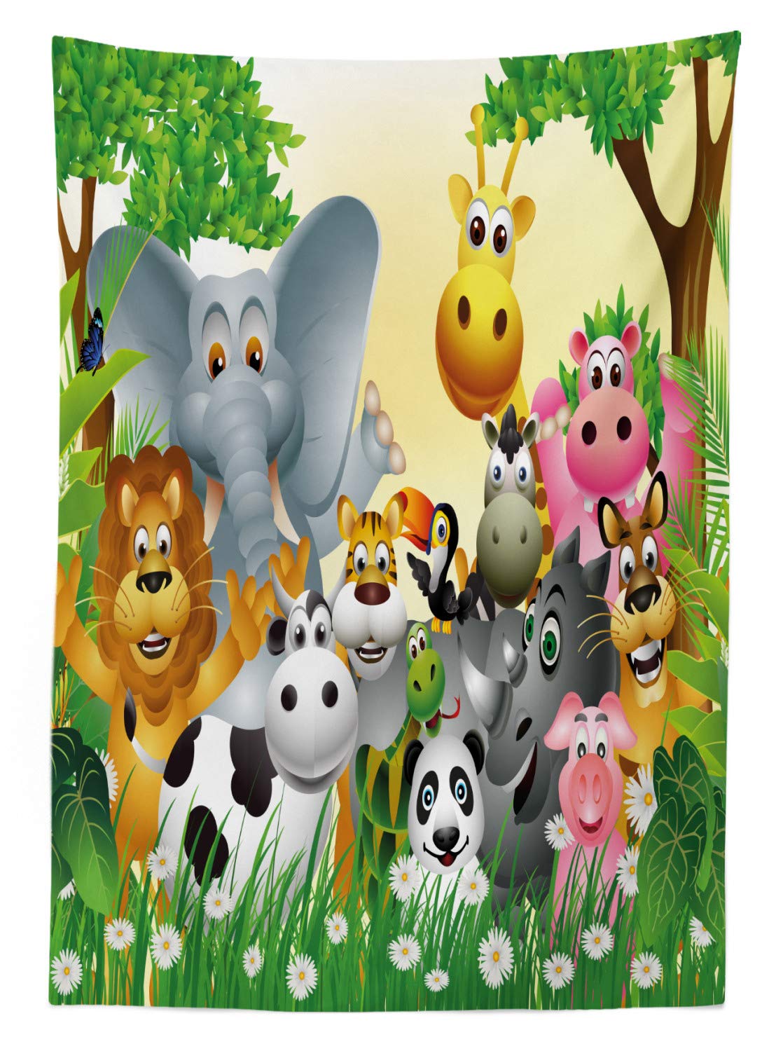 Ambesonne Animal Print Outdoor Tablecloth - Jungle Elephant Giraffe Panda Bear Lion Hippo Cartoon Design, Waterproof Washable Picnic Table Cover 58x84 Inches, Multicolor - Perfect for Outdoor Dining, BBQs, Garden Parties & Picnics