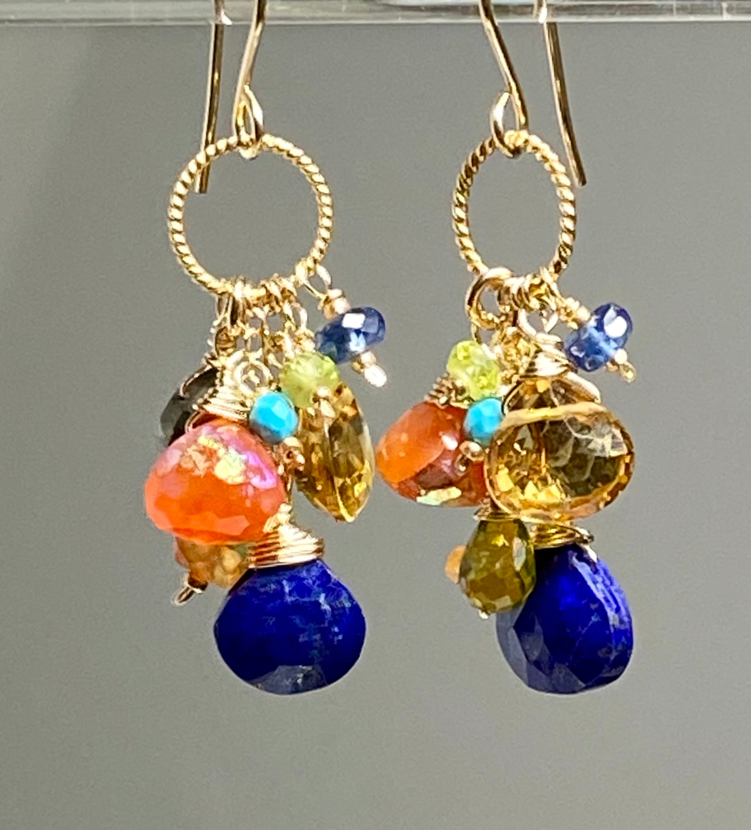 Vibrant Gemstone Gold Dangle Earrings - Citrine, Blue Lapis & Carnelian | Elegant Statement Jewelry for Parties & Special Occasions