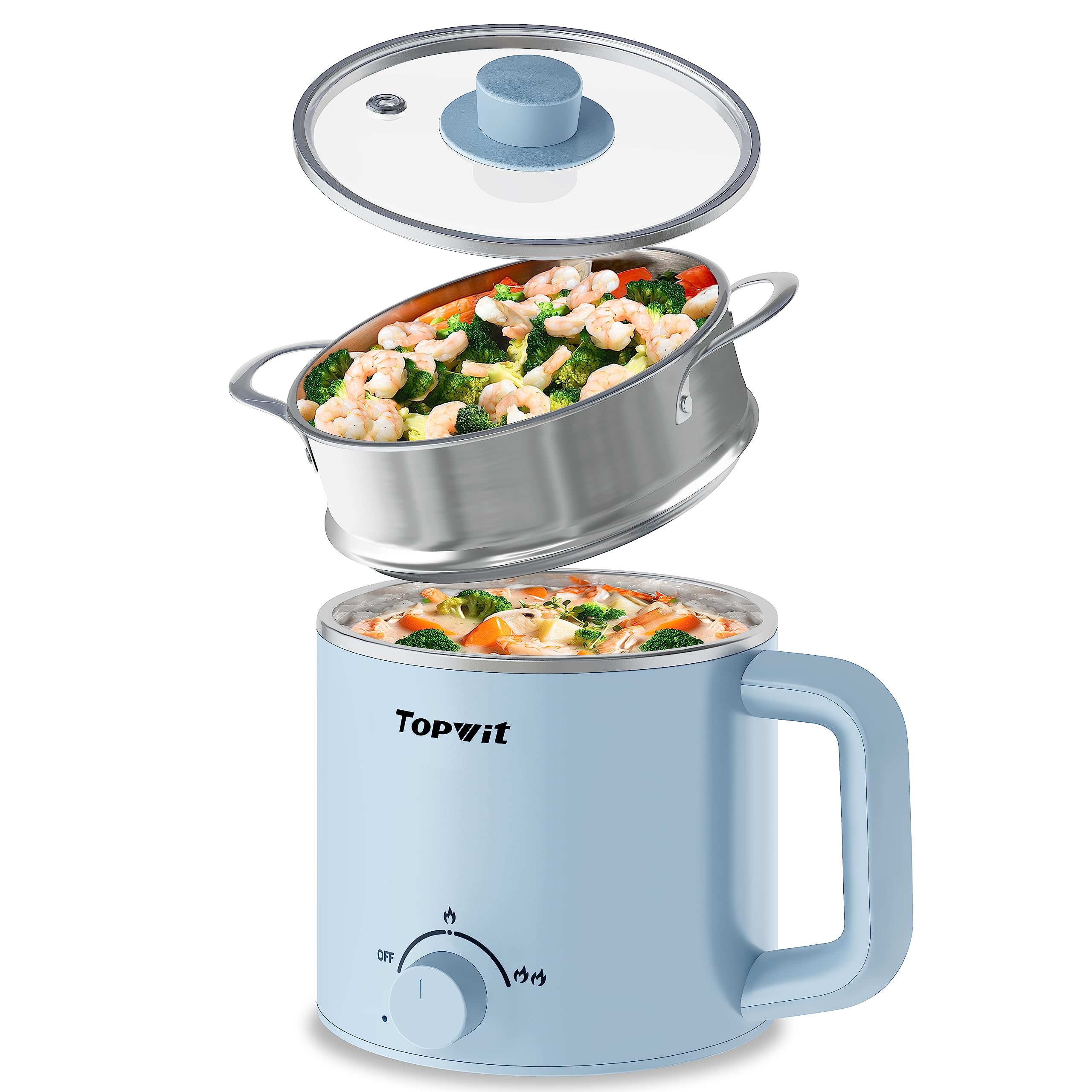Topwit 1.6L Electric Hot Pot with Steamer - Multi-Functional Ramen Cooker for Pasta, Shabu-Shabu, Oatmeal, Soup & Eggs - Dual Power Control Portable Cooker - Perfect for Dorm Rooms, Office & Small Kitchens (Blue)