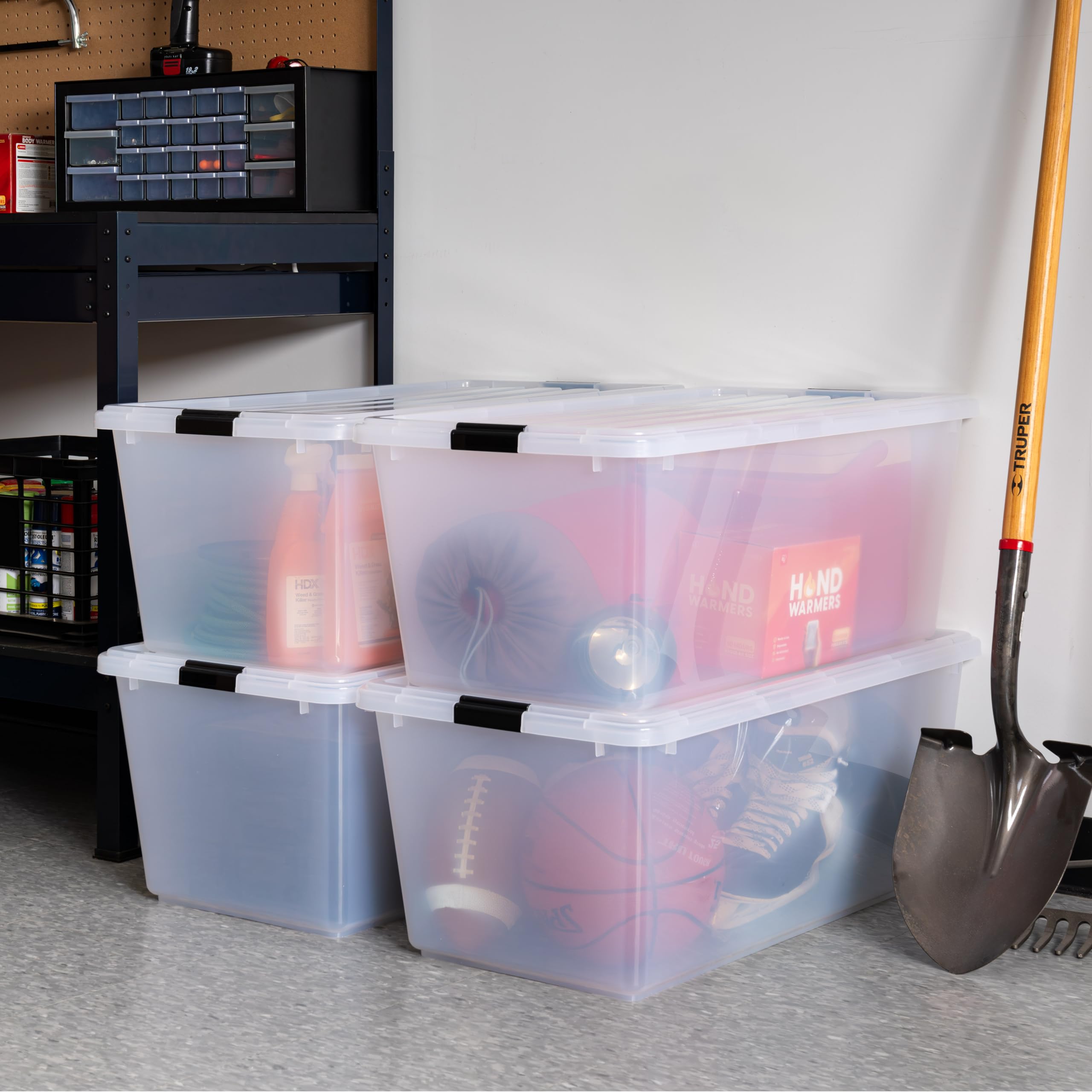IRIS USA 91 Qt Stackable Plastic Storage Bins with Lids, 4 Pack - BPA-Free Clear Storage Containers for Home Organization, Pantry, Garage & Closet - Durable See-Through Bins with Secure Latches & Pull Handles - Made in USA