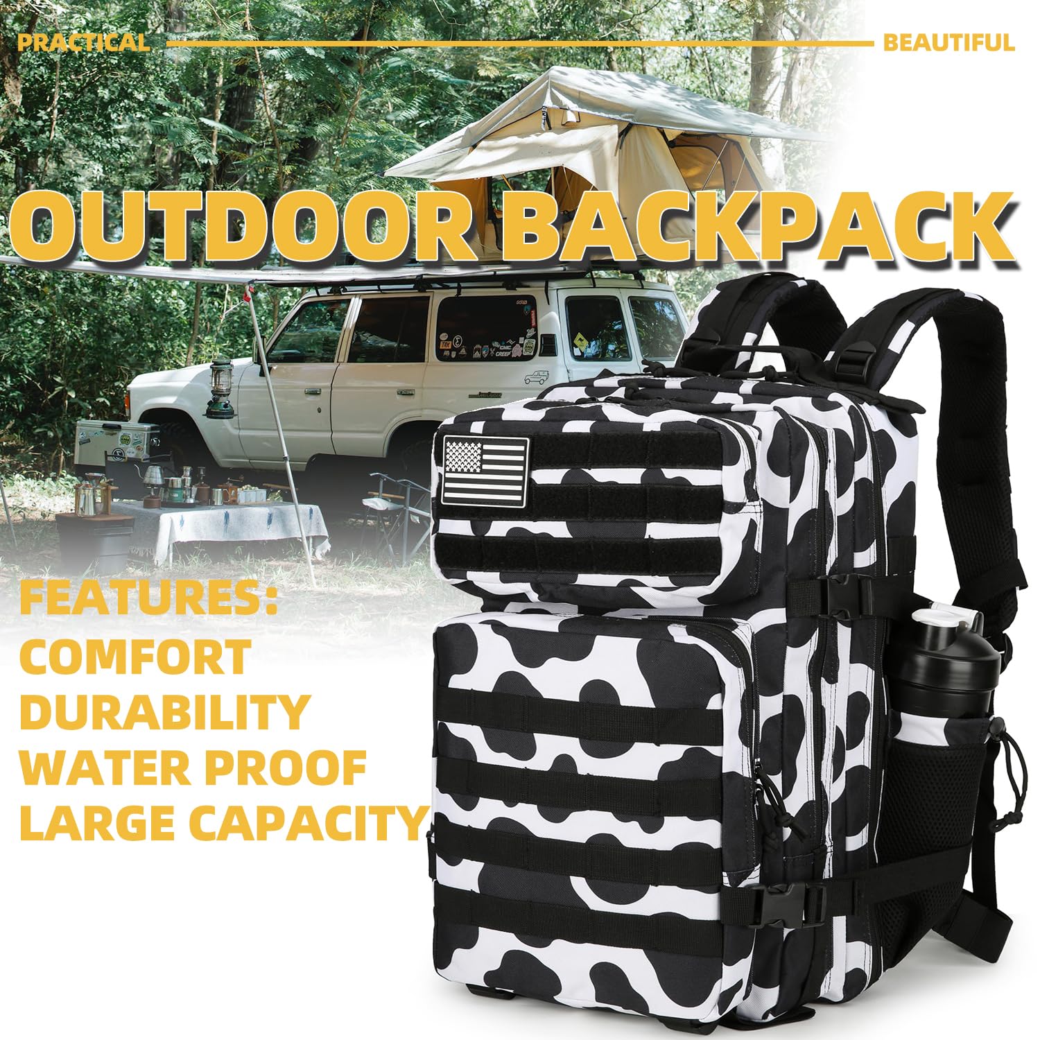 25L Tactical Backpack - Military Grade Molle Backpack for Men & Women - Small Assault Pack for Outdoor Travel, Hiking, Camping & Survival Gear - Durable Cow Print Rucksack for Adventure & Everyday Use