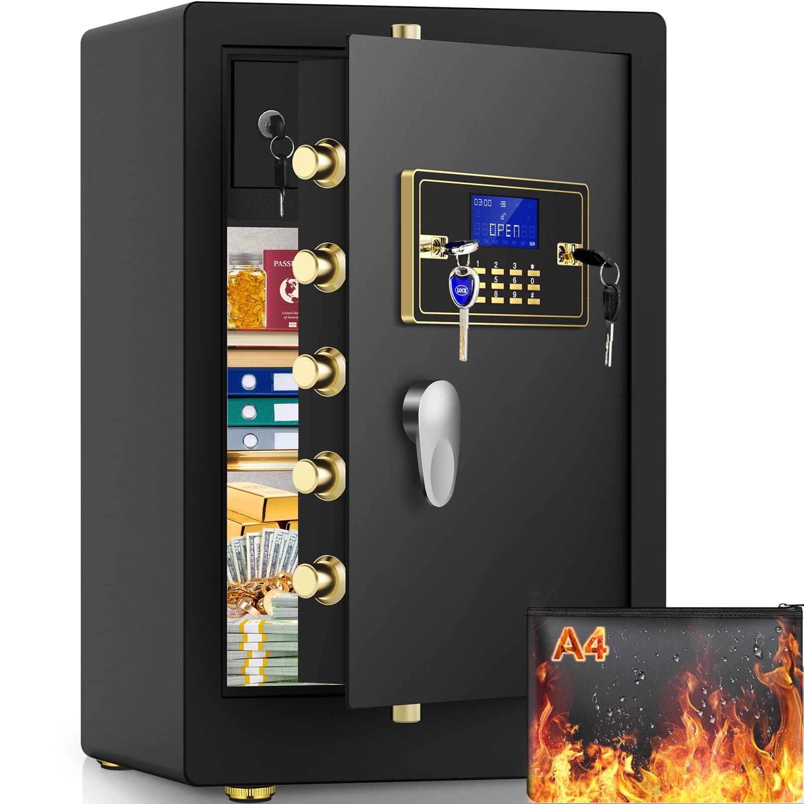 5.1 CuFt Extra Large Heavy Duty Fireproof Waterproof Safe Box with Double Key Lock & Separate Lock Box - Anti-Theft Security Safe for Home, Office, Hotel - Perfect for Documents, Jewelry & Valuables (27.6