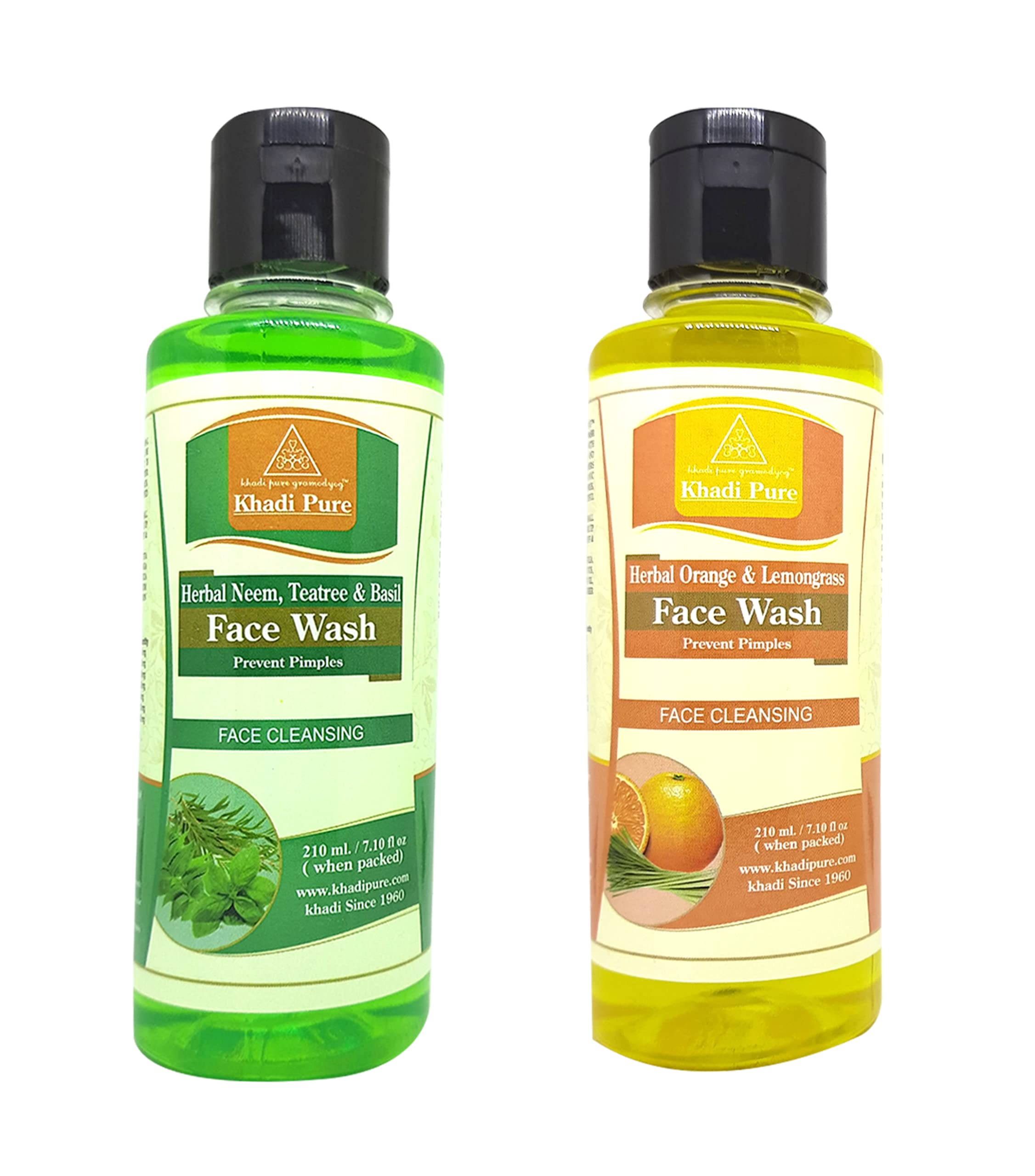 Khadi Pure Neem Tea Tree Basil & Orange Lemongrass Face Wash for Acne & Oily Skin - 210ml (Pack of 2) - Natural Ayurvedic Cleanser for Daily Skincare Routine & Deep Pore Cleansing