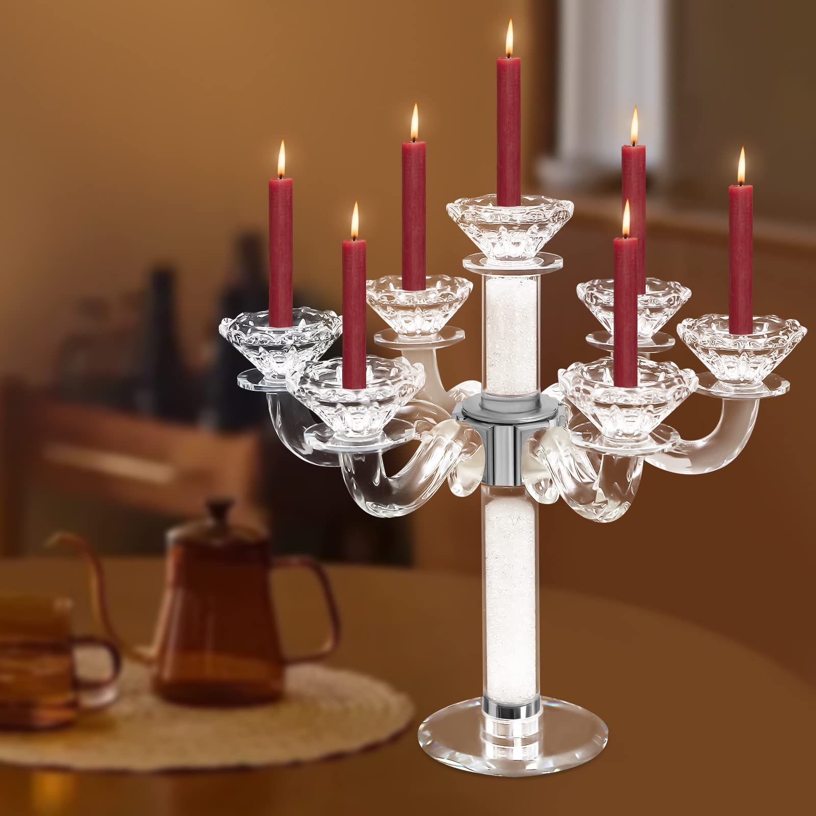 7-Arm Crystal Candle Holder - Elegant Candelabra for Wedding Centerpiece, Dining Table Decor, Coffee Table & Home Accessories - Perfect for Romantic Dinners, Holiday Decorations & Special Events
