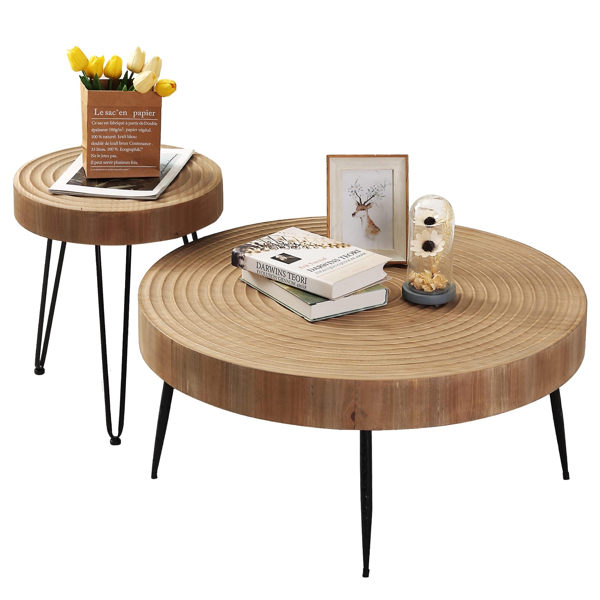RUSTOWN 2-Piece Farmhouse Round Coffee Table Set - Modern Natural Wood Finish Cocktail & Side Tables for Living Room - Perfect for Home Decor, Cozy Gatherings & Small Spaces (Helical, Natural)