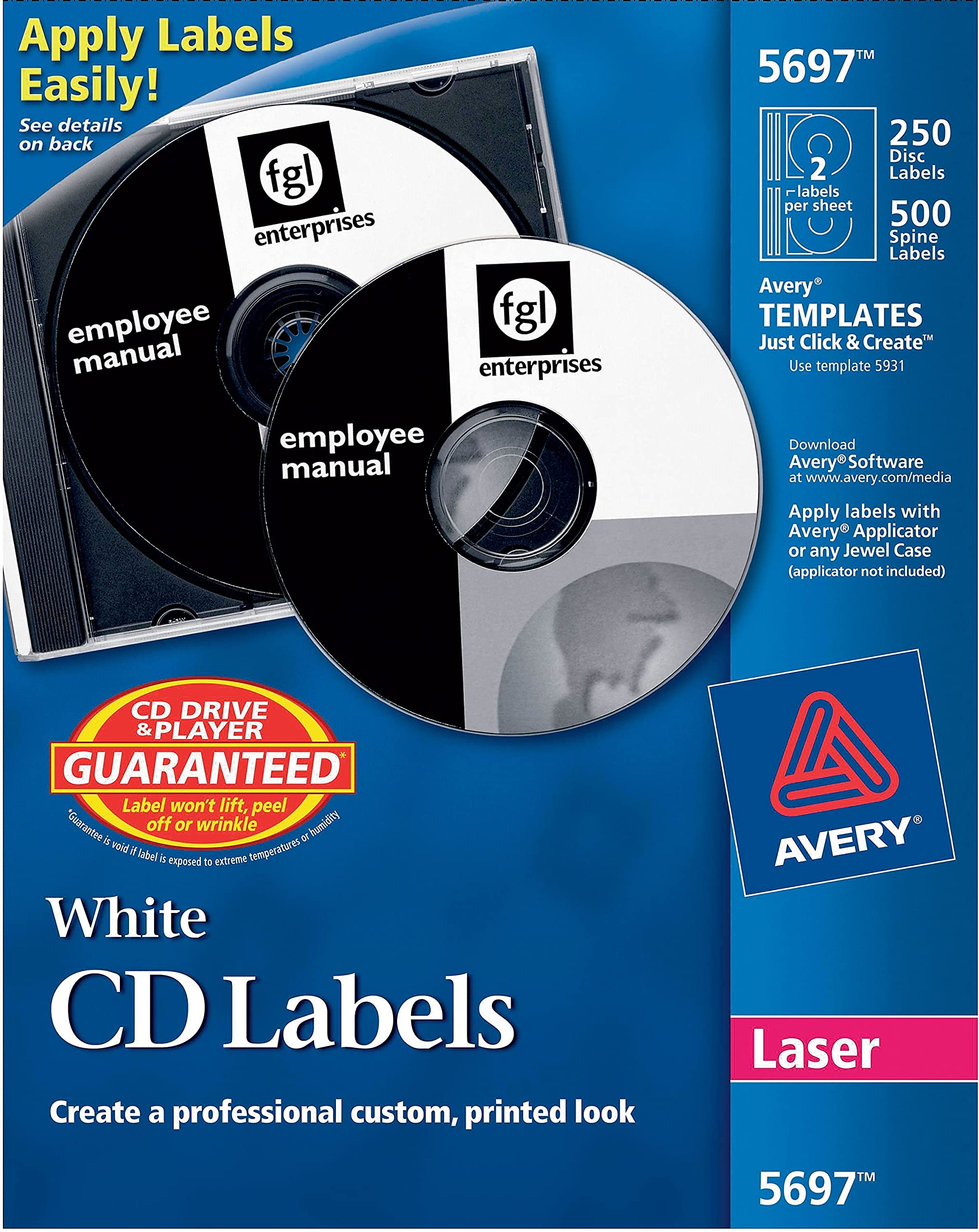 Avery 5697 White CD/DVD Labels for Laser Printers - 250 Pack | Perfect for Organizing Music, Movies, and Data Discs