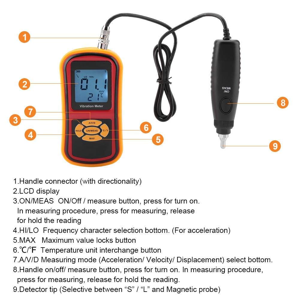 GM63B Digital Vibration Meter - Portable Handheld Vibration Tester with LCD Display & S/L Probes - for Mechanical Watches, Motors, Fans, Bearings - Workshop, Industrial Maintenance, Equipment Diagnosis Tool