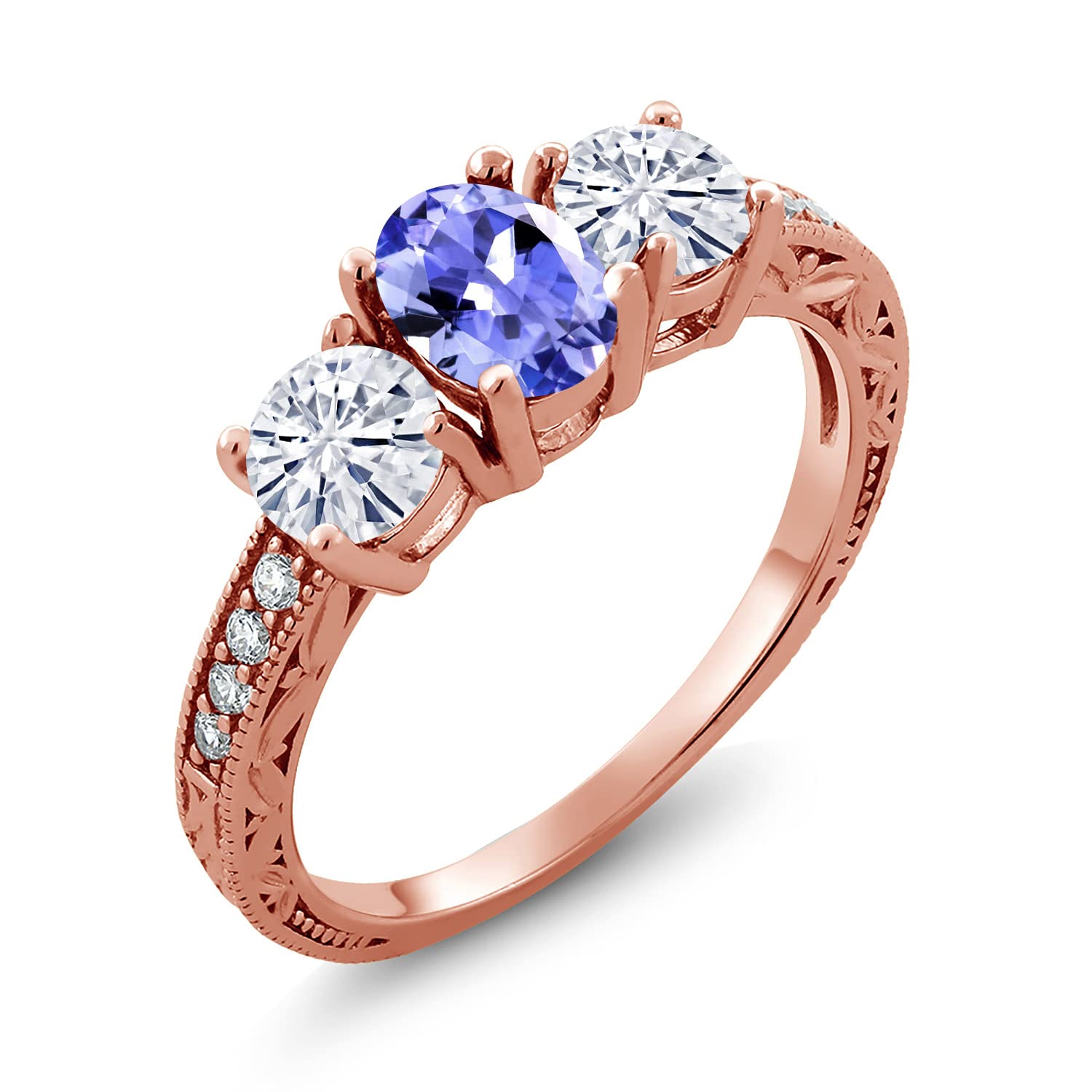 18K Rose Gold Plated Silver 3-Stone Tanzanite & Moissanite Ring (1.87 Cttw) - Elegant Jewelry for Engagement, Wedding & Special Occasions | Gem Stone King