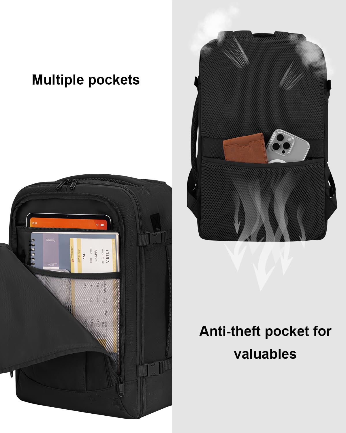 ECOHUB 17 Inch Flight Approved Travel Backpack - Water Resistant Carry On Backpack with 13 Pockets, USB Charging Port & Luggage Sleeve - Perfect Personal Item Bag for Air Travel, Commuting & Outdoor Adventures (Black)