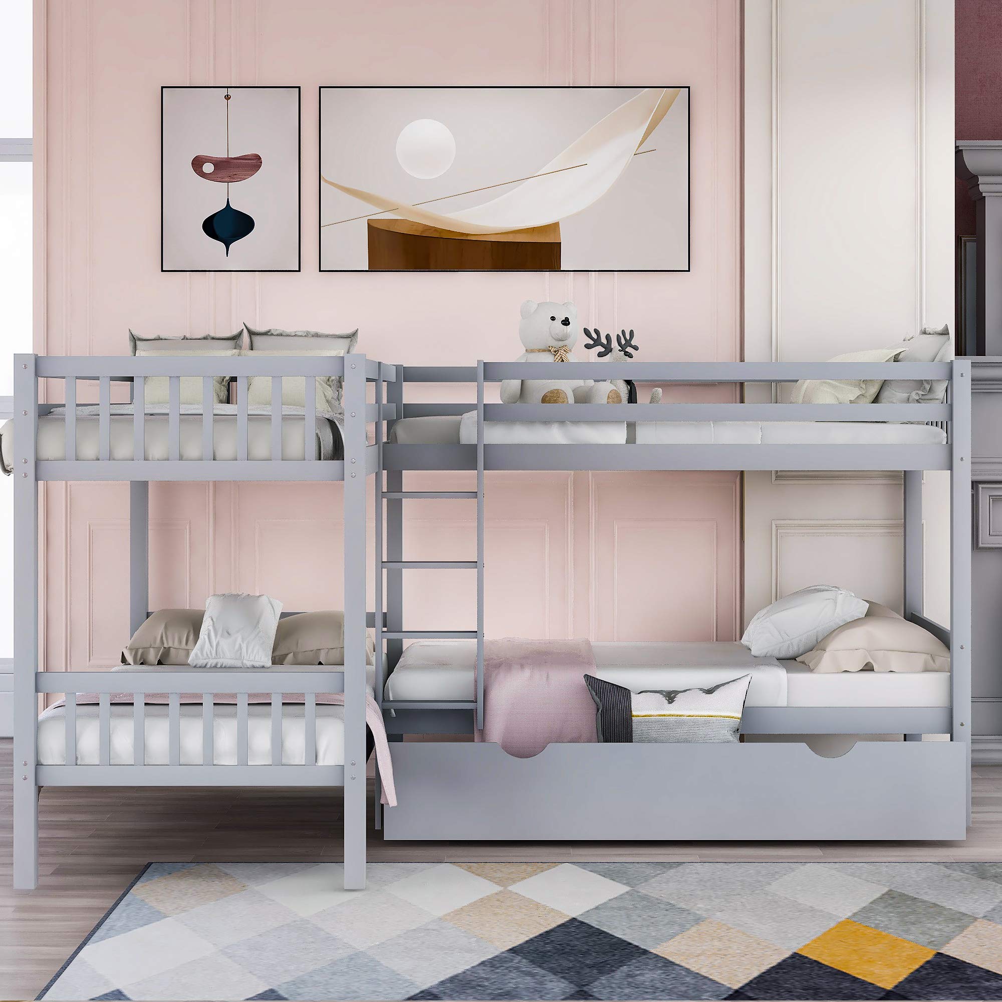 Harper & Bright Designs Twin Over Twin L-Shaped Bunk Bed for Kids - 4 Bed Frame with Storage Drawers & Safety Guardrails (Grey) - Perfect for Small Bedrooms, Shared Kids Rooms & Space-Saving Solutions