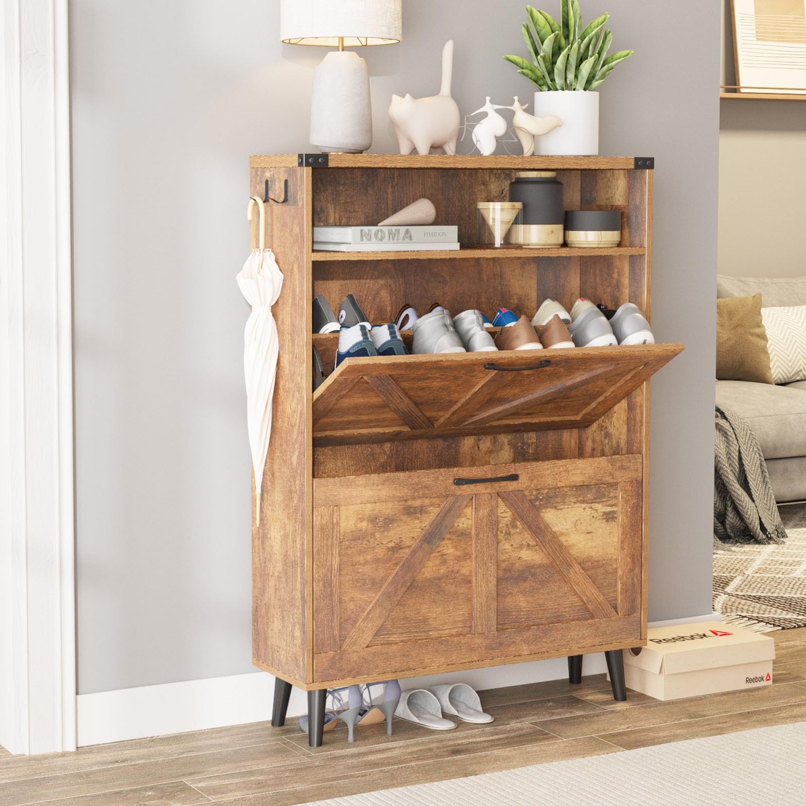 Farmhouse Shoe Cabinet with 2 Flip Drawers & Open Storage - Freestanding Entryway Shoe Organizer with Legs, Narrow Shoe Rack for Hallway, Living Room & Bedroom - Brown