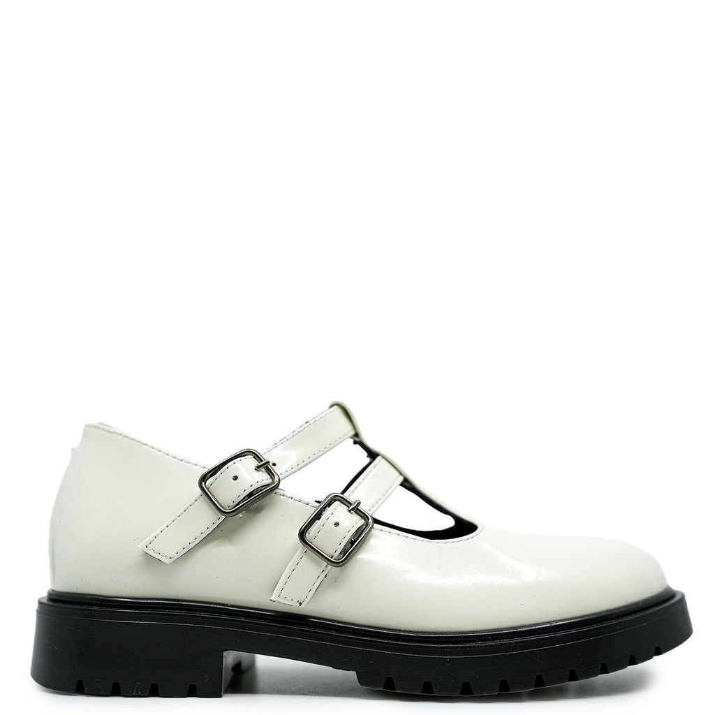 Blublonc Women's White Florentic Double T-Strap Chunky Loafers - Comfortable Slip-On Shoes for Work, Office & Casual Outfits