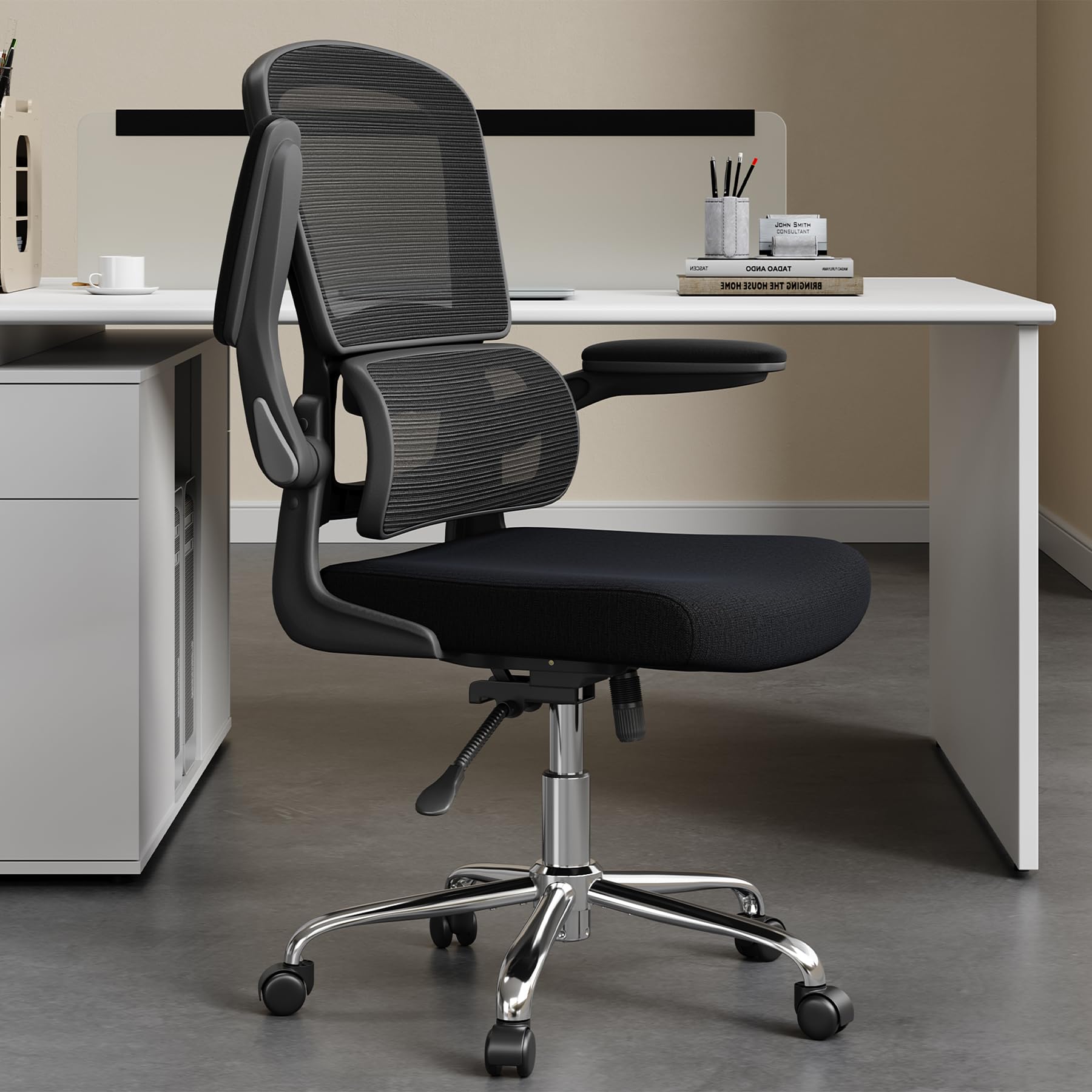 Ergonomic Office Chair with Breathable Mesh Back - Adjustable Height, Double Lumbar Support & Flip-Up Arms - 90°-130° Reclining Computer Desk Chair for Home Office, Gaming & Remote Work