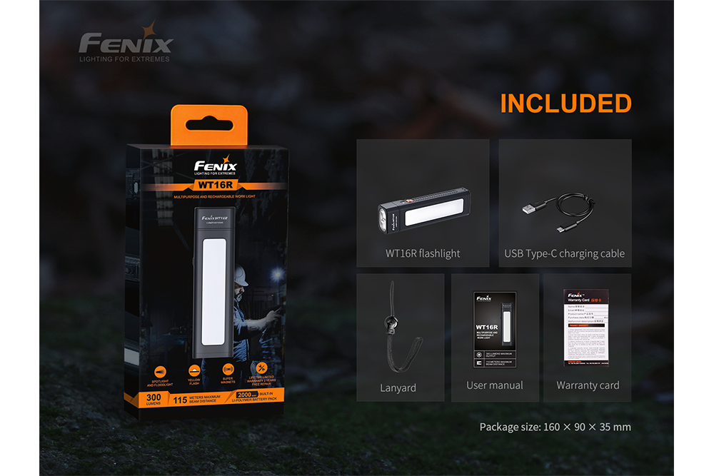 Fenix WT16R Rechargeable LED Work Light - 1600 Lumens, Magnetic Base, IP68 Waterproof - Perfect for Construction, Camping, Emergency & Outdoor Activities
